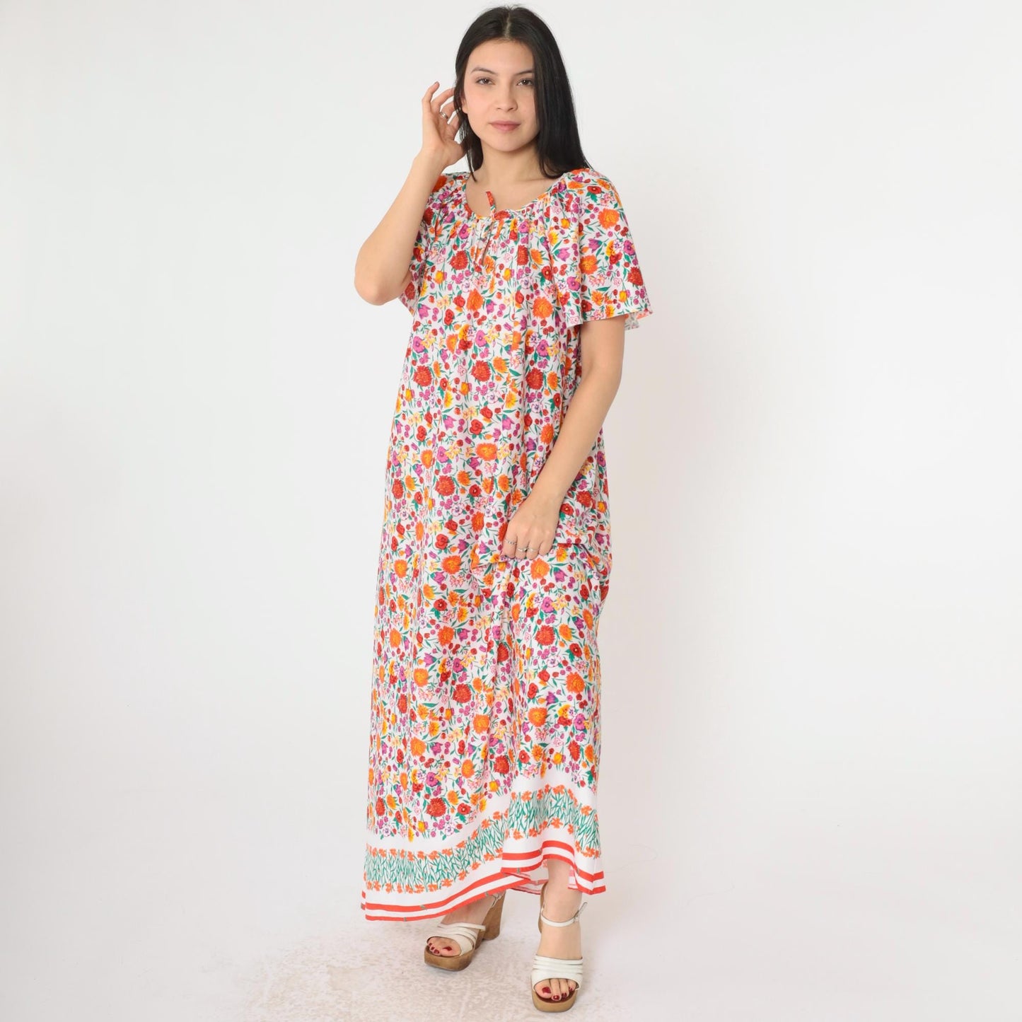 70s Floral Maxi Tent Dress Flutter Sleeve Pullover Large