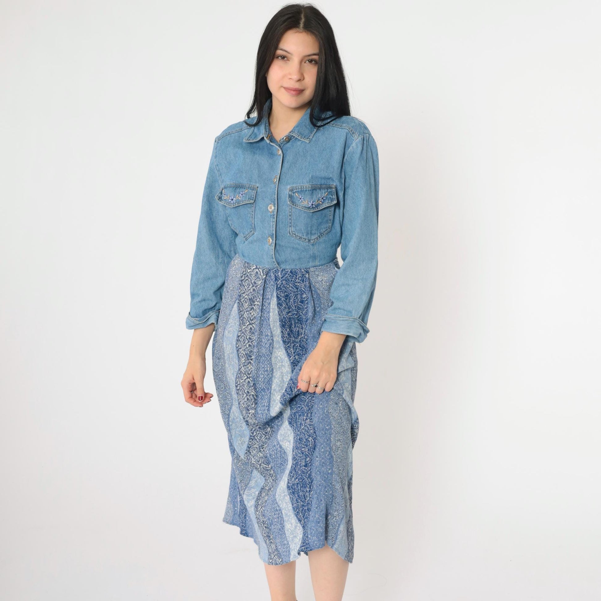 90s Nina Piccalino Denim Dress Floral Embroidered Patchwork Midi Medium