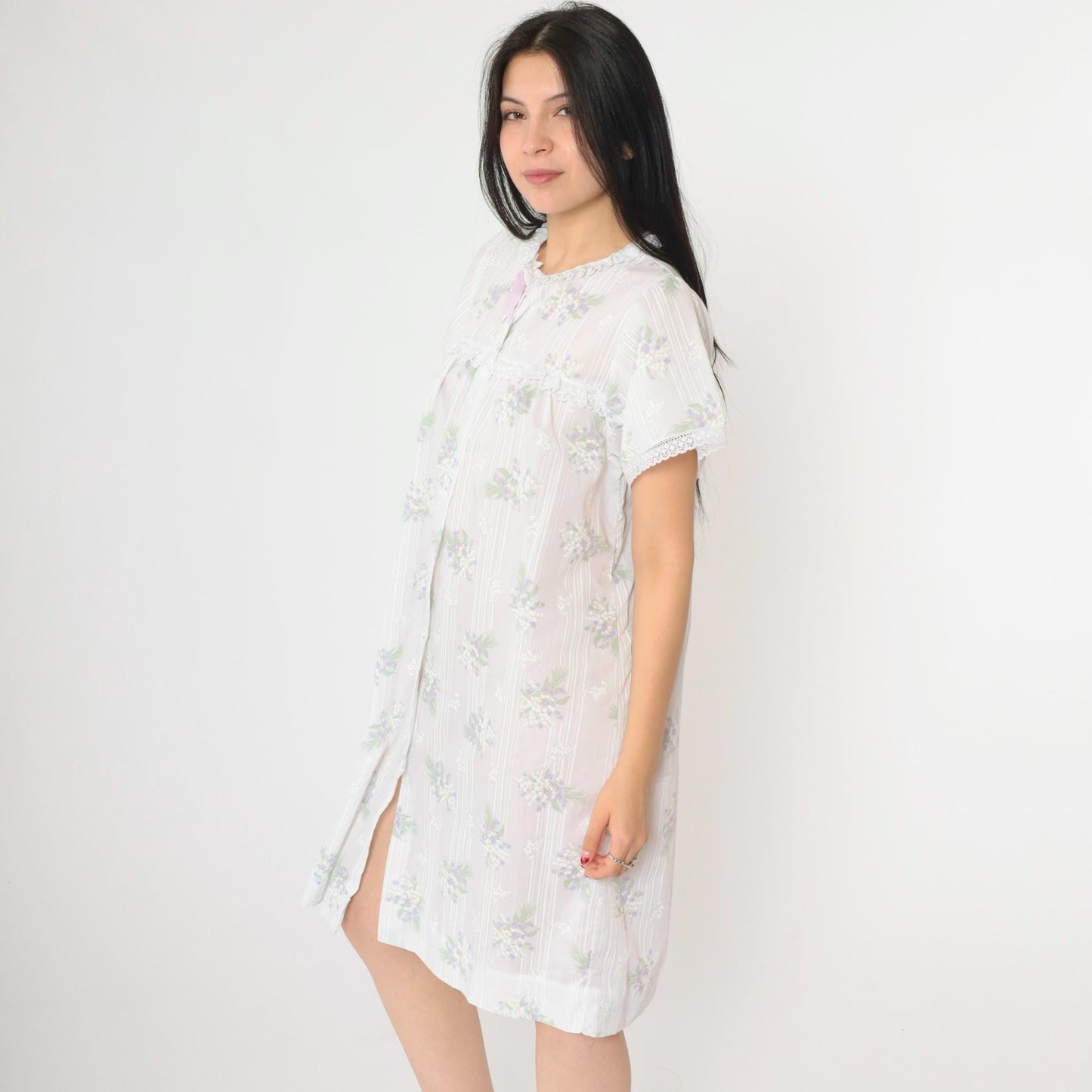 80s Floral Semi-Sheer Nightgown White Lace Puff Sleeve Button-Up Knee-Length Medium