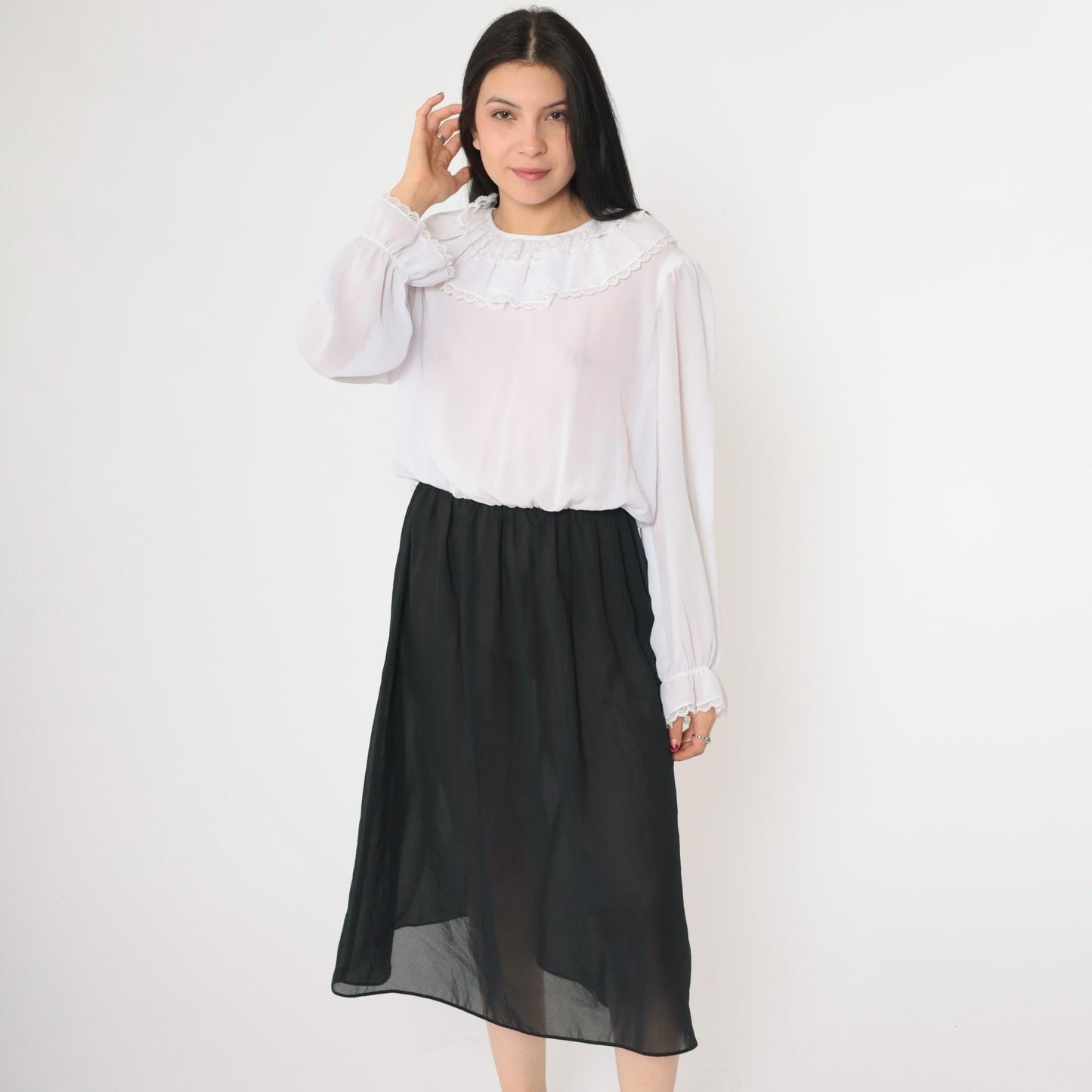 80s Susan Hlavacek Ruffled Collar Midi Dress Black White Semi-Sheer Small Medium