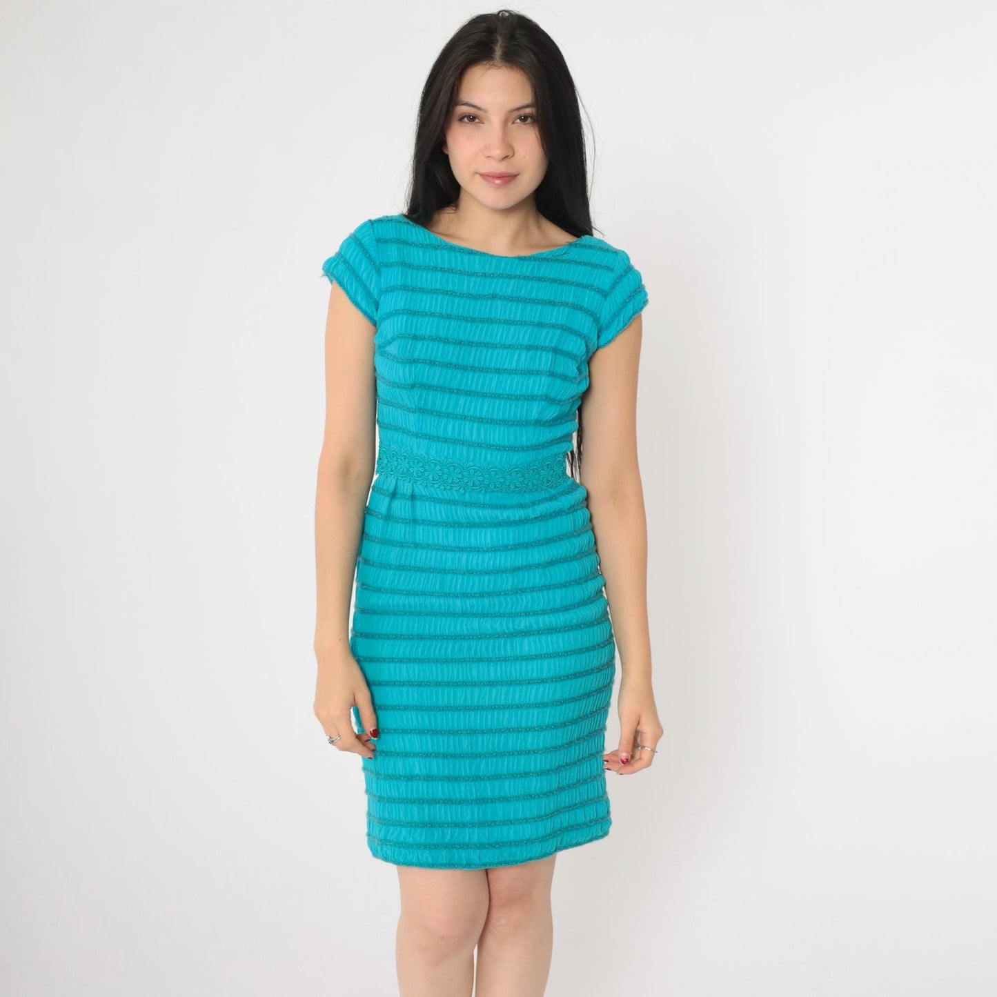 1960s Blue Appliqué Yarn Striped Sleeveless Sheath Cocktail Dress Extra Small