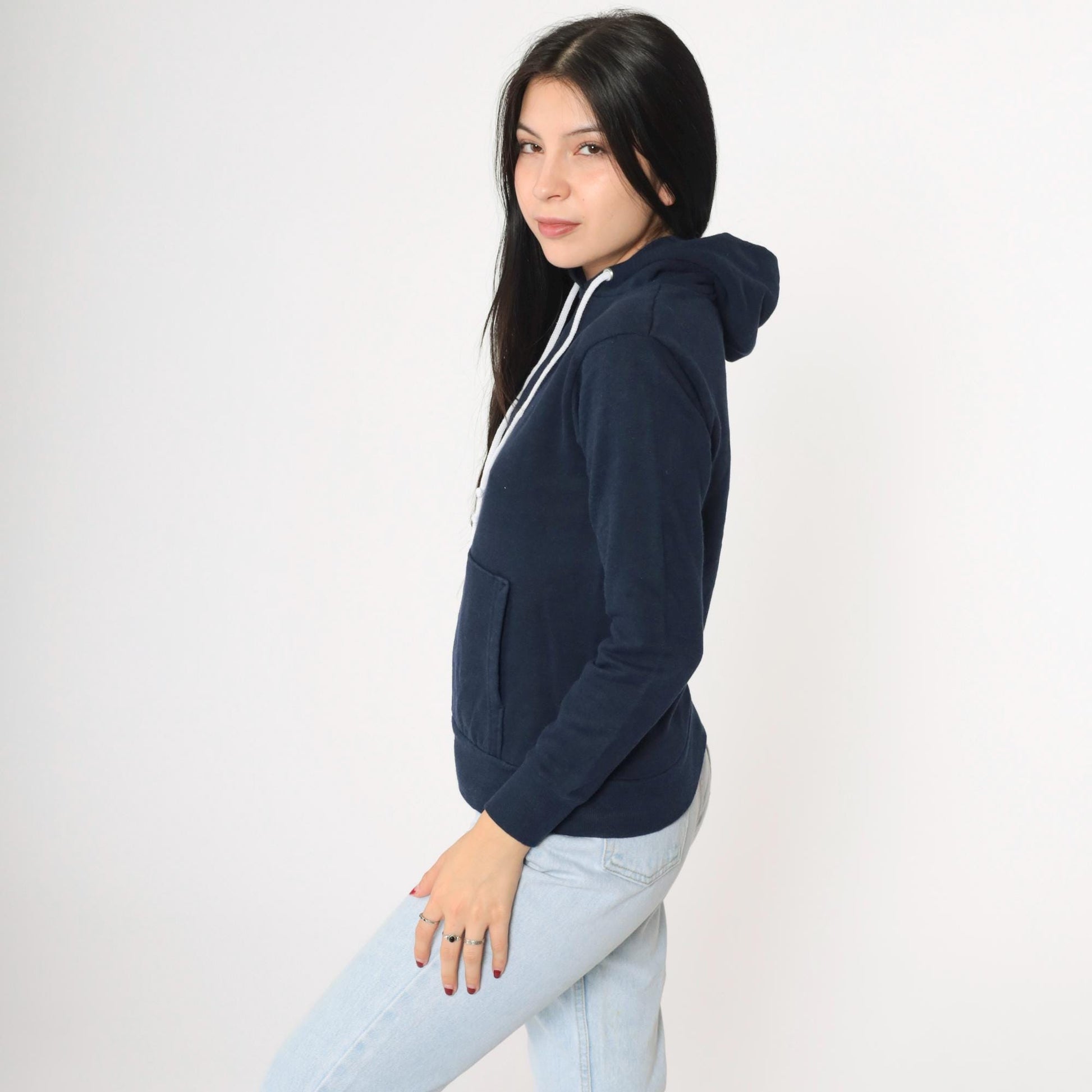 80s Navy Hoodie Sweatshirt Kangaroo Pocket Drawstring Extra Small