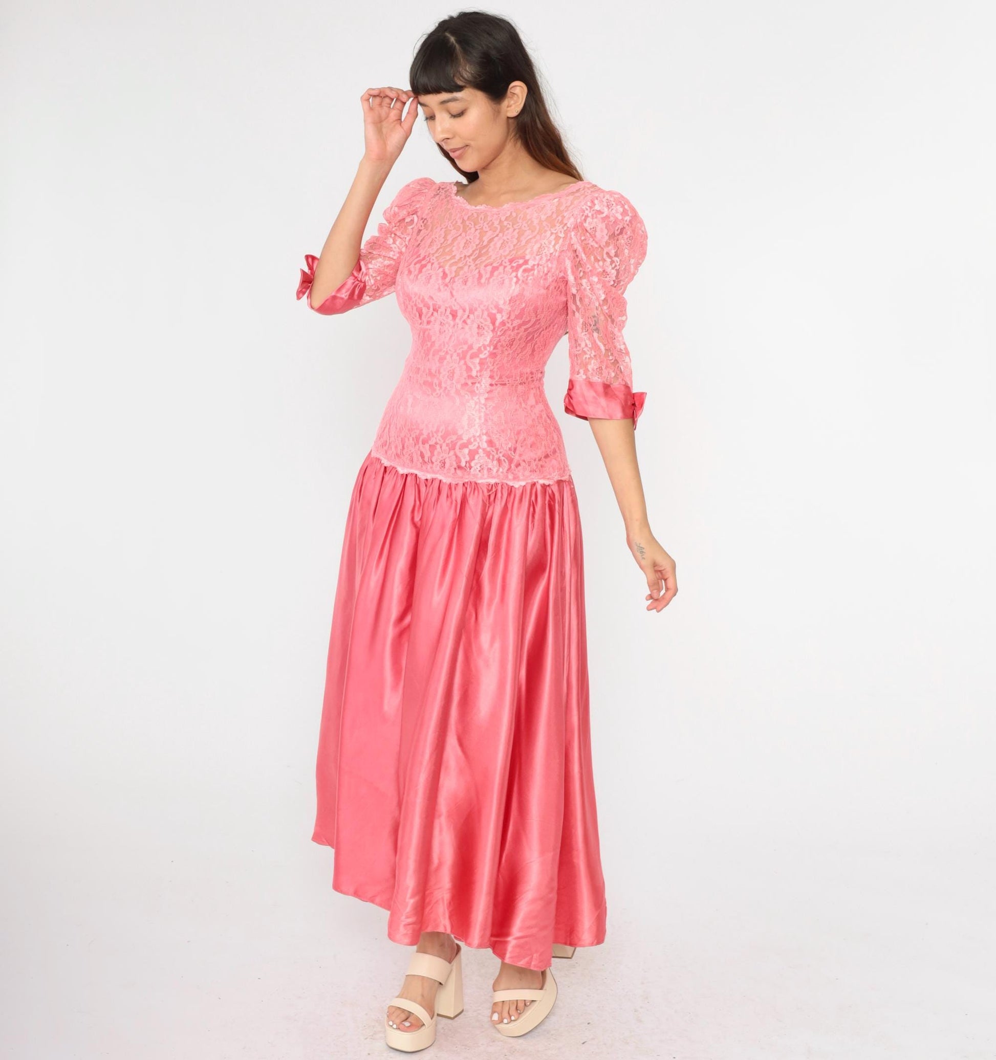 80s Pink Satin Lace Puff Sleeve Maxi Dress Drop Waist Low Back Small