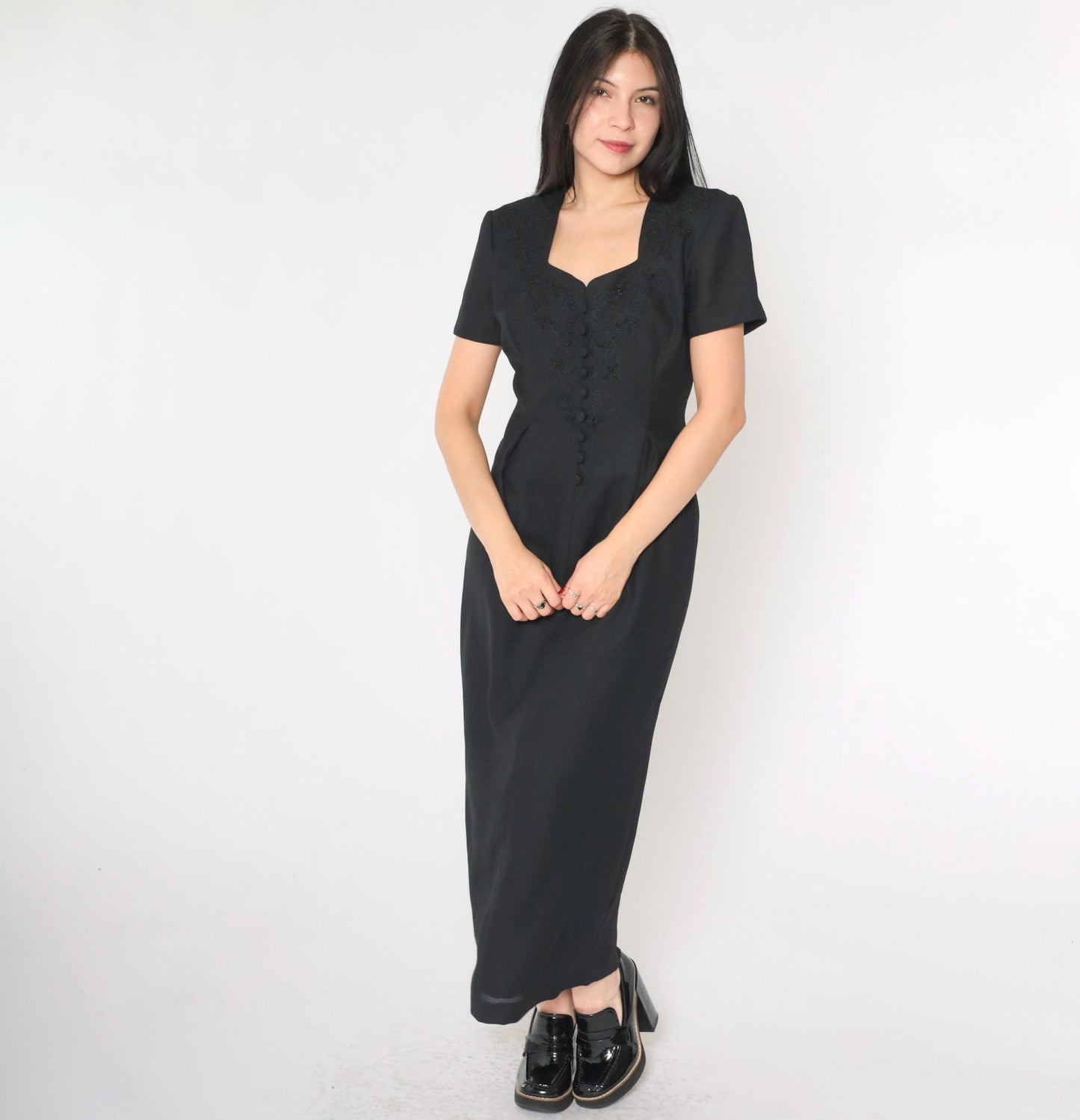 90s Black Soutache Beaded Maxi Dress Button Front Short Sleeve Medium