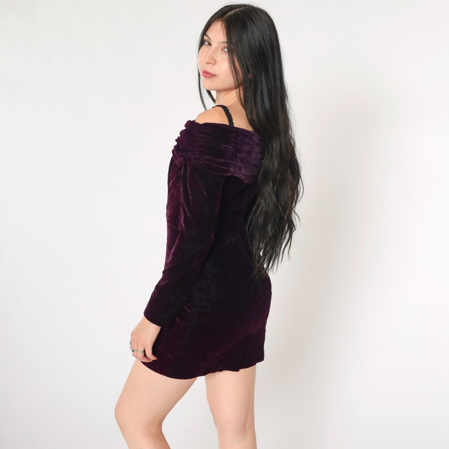 90s Rampage Velvet Mini Dress Off-Shoulder Spaghetti Strap Deep Purple Extra Small