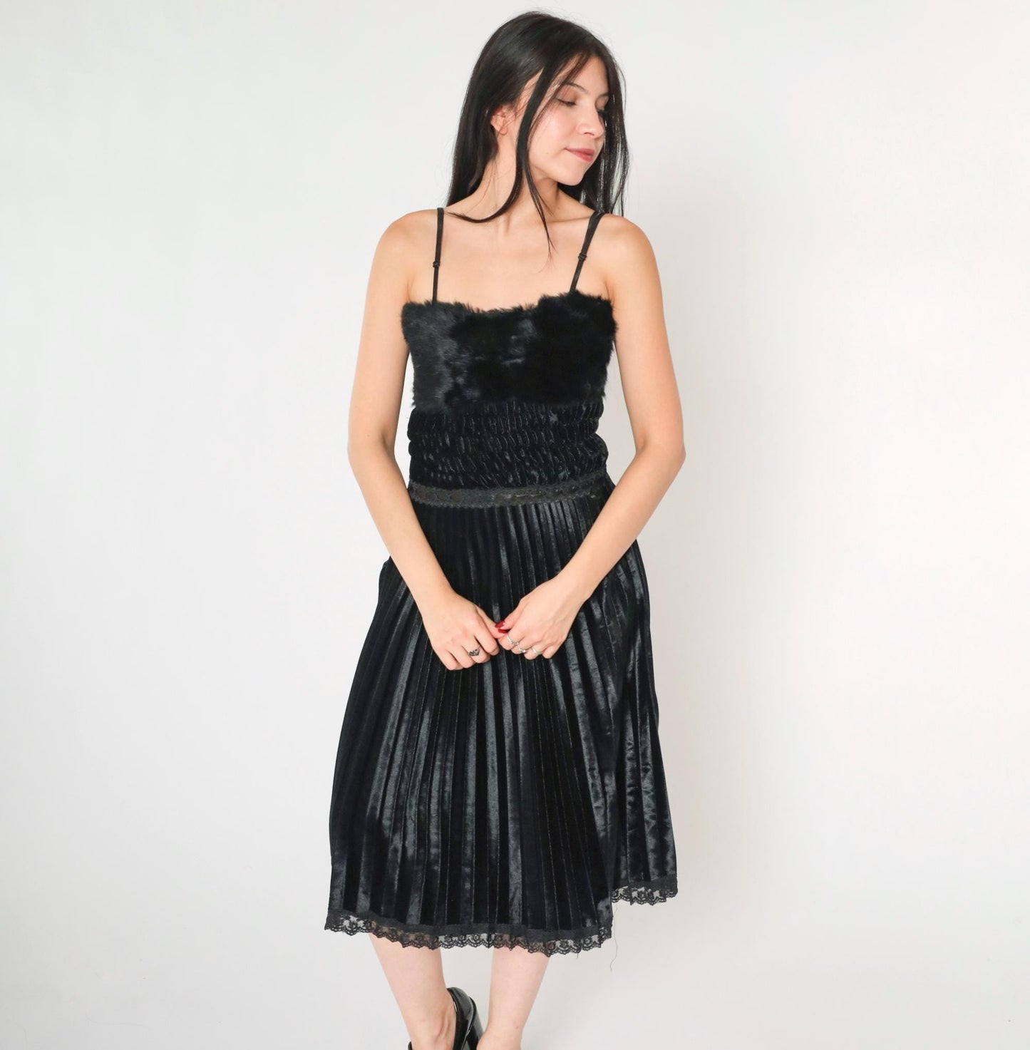 Y2K Black Velour Midi Dress Faux Fur Lace Spaghetti Strap Extra Small XS