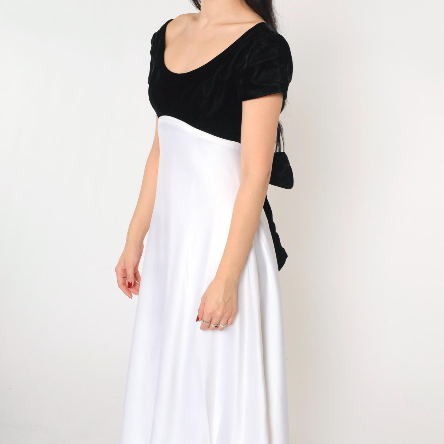 90s Jim Hjelm Black Velvet White Satin Maxi Dress Empire Waist Small 6