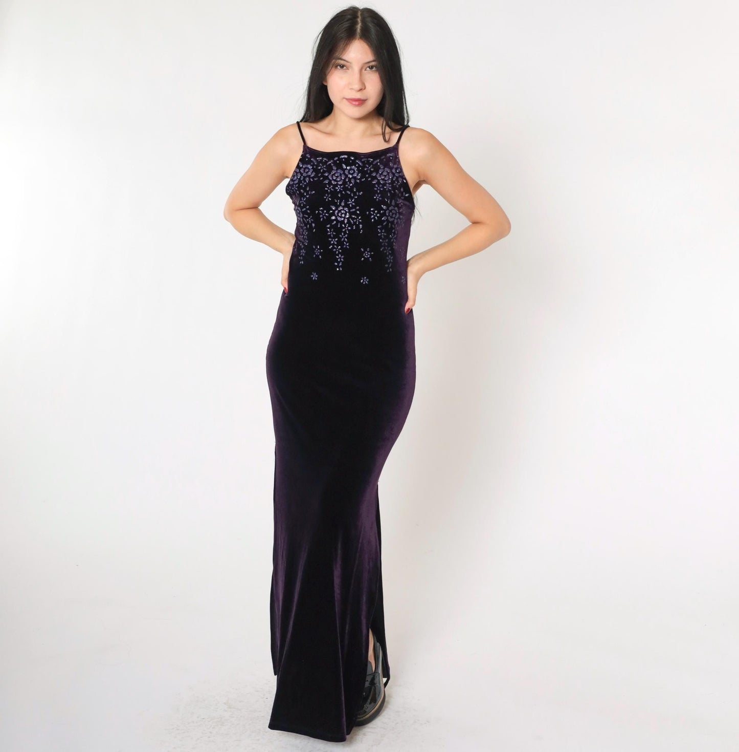 90s Purple Velvet Maxi Dress Glitter Floral Spaghetti Strap Side Slit Small
