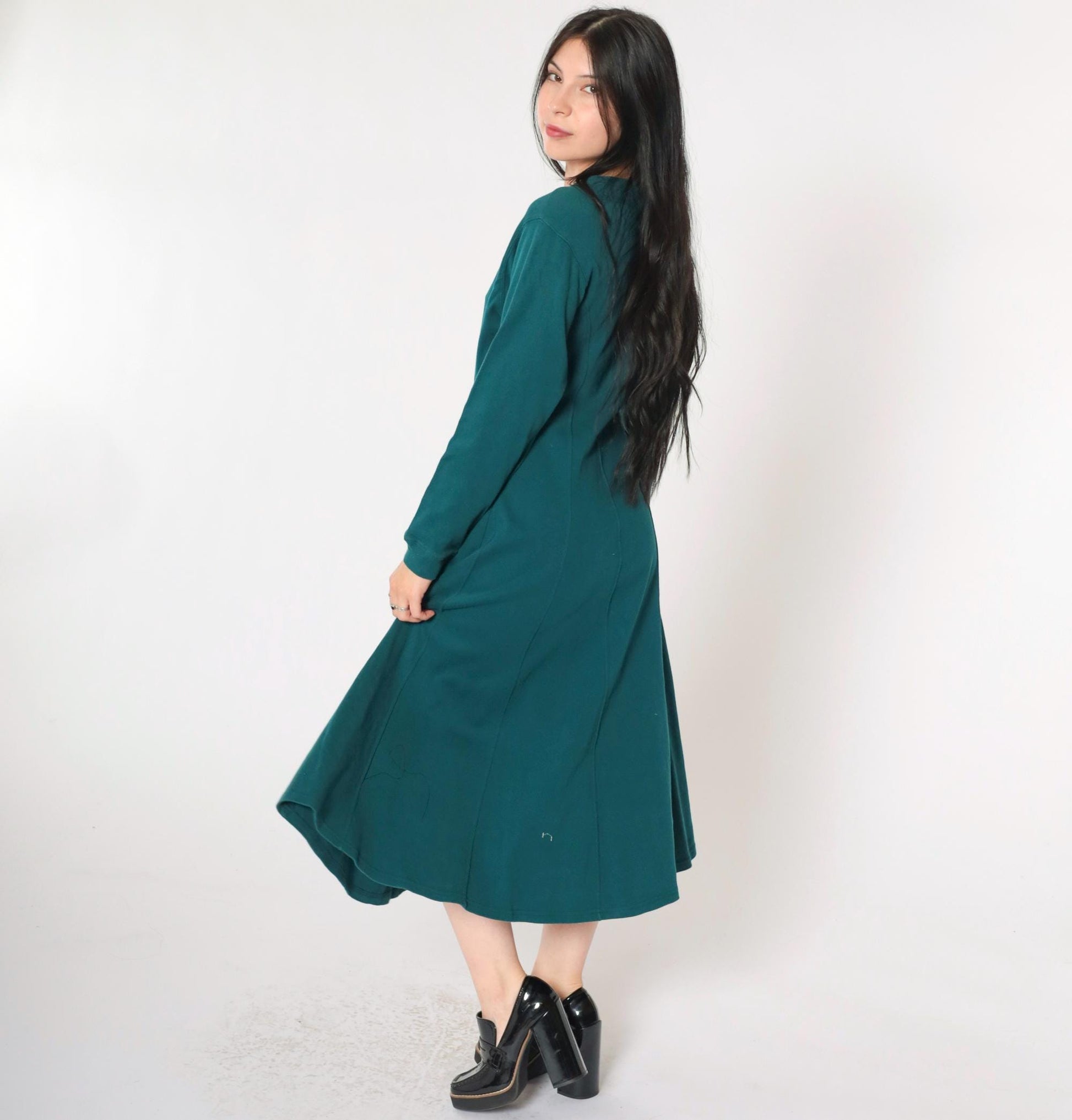 90s Teal A-Line Midi Dress Long Sleeve Princess Seam Cotton Small