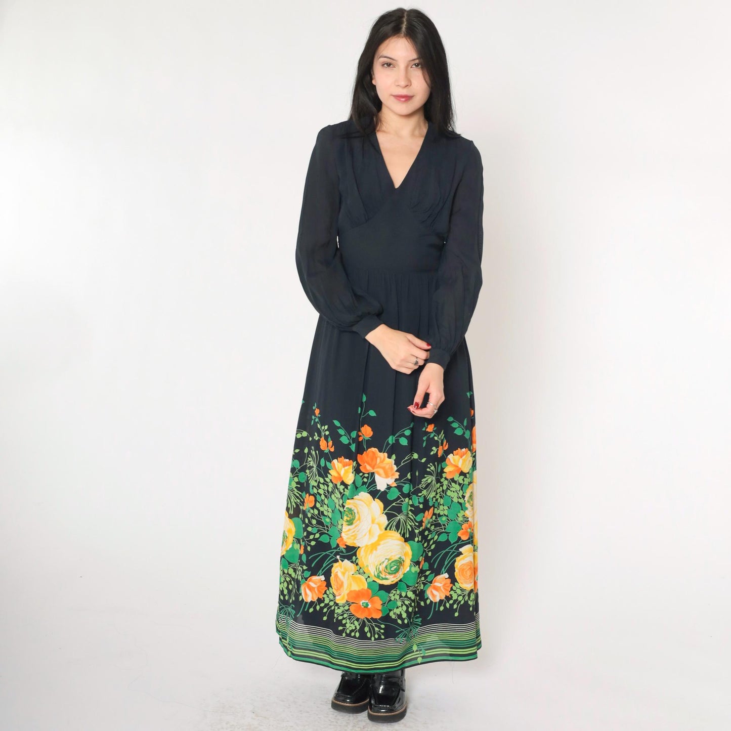 70s Vera Mont Paris Black Floral Maxi Dress V-Neck High Waist Small