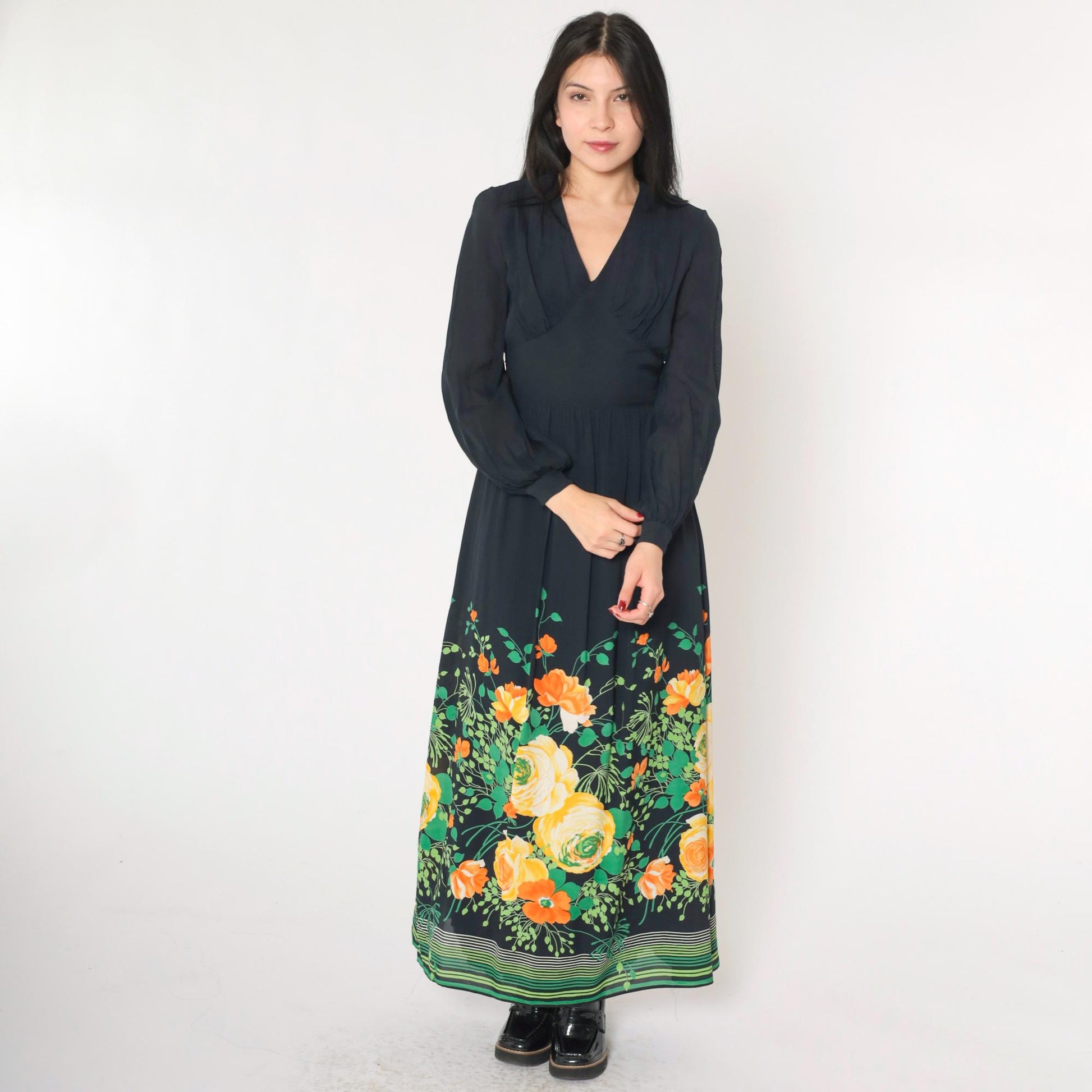 70s Vera Mont Paris Black Floral Maxi Dress V-Neck High Waist Small
