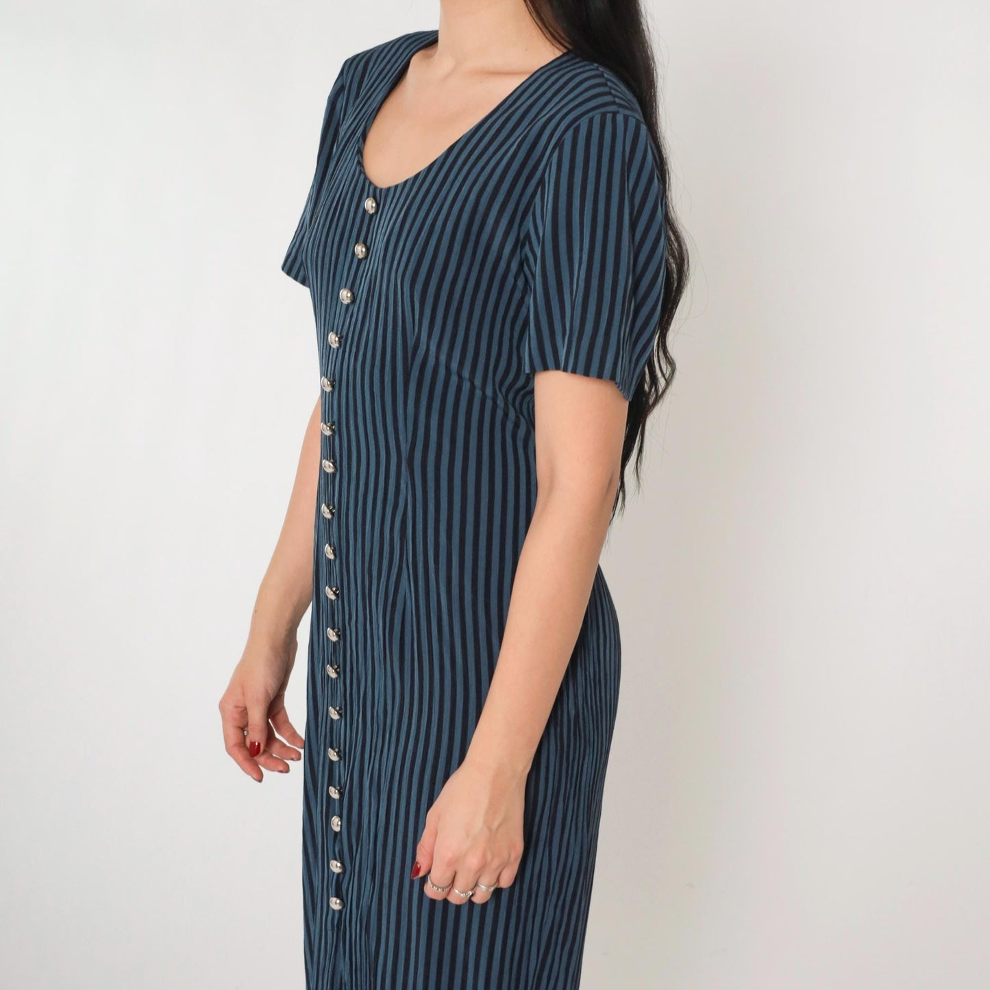 90s DJ Intl Striped Sheath Midi Dress Black Blue Button-Up Medium