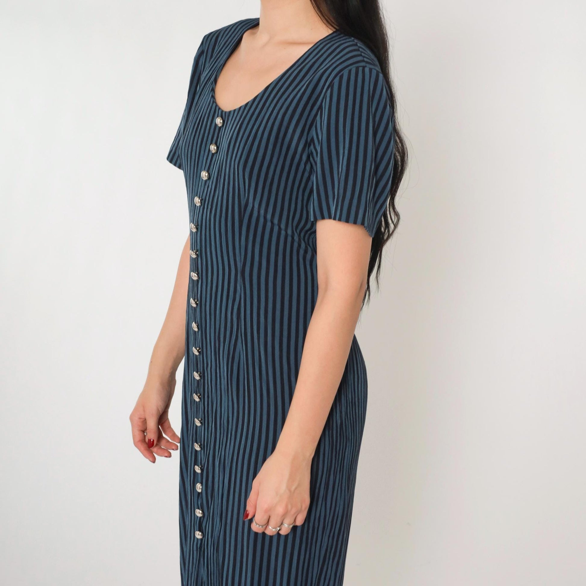 90s DJ Intl Striped Sheath Midi Dress Black Blue Button-Up Medium
