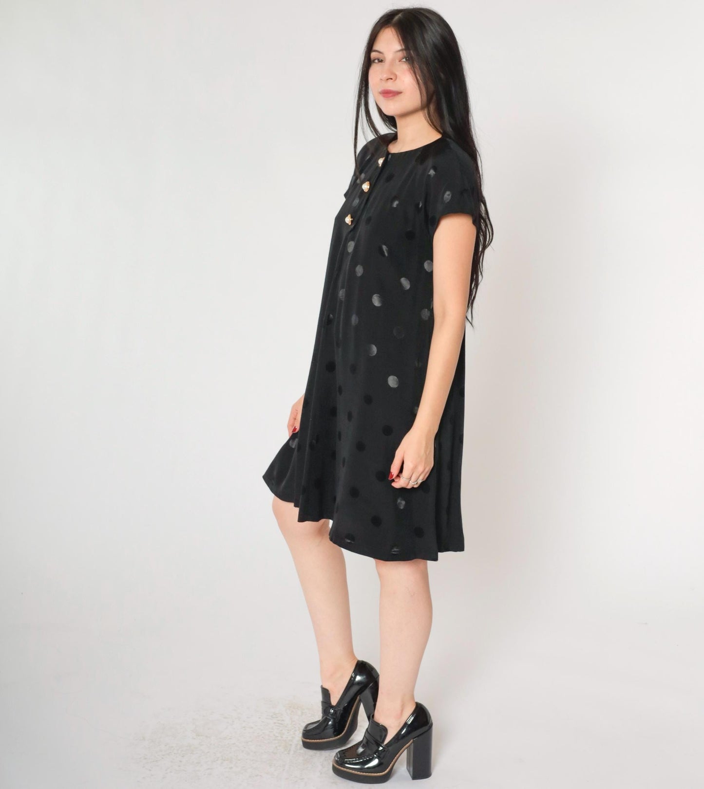 90s Black Mini Dress Embossed Polka Dot Pearl Buttons A-Line Small