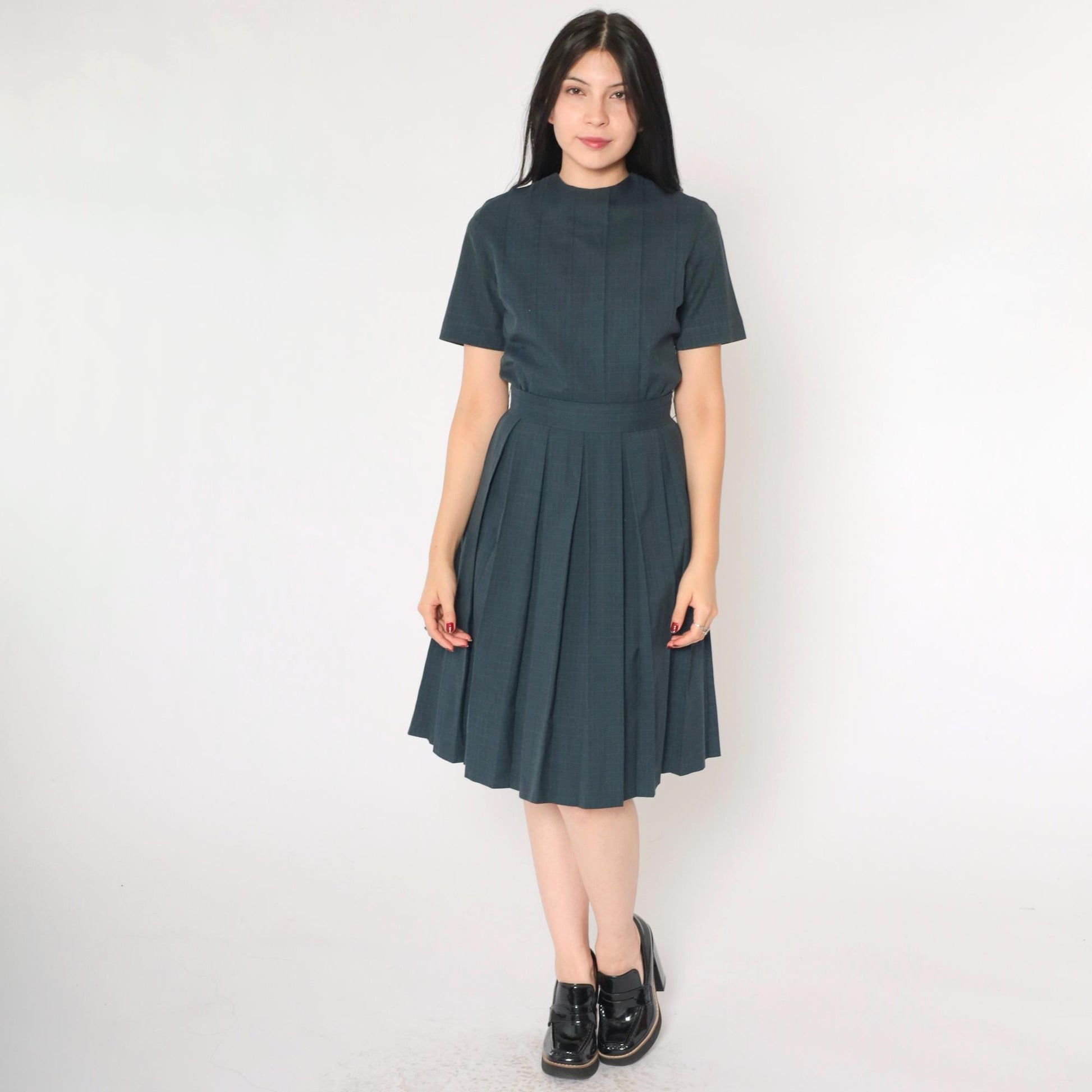 1960s Grey Checkered Pleated Day Dress High Waist Button Back Small