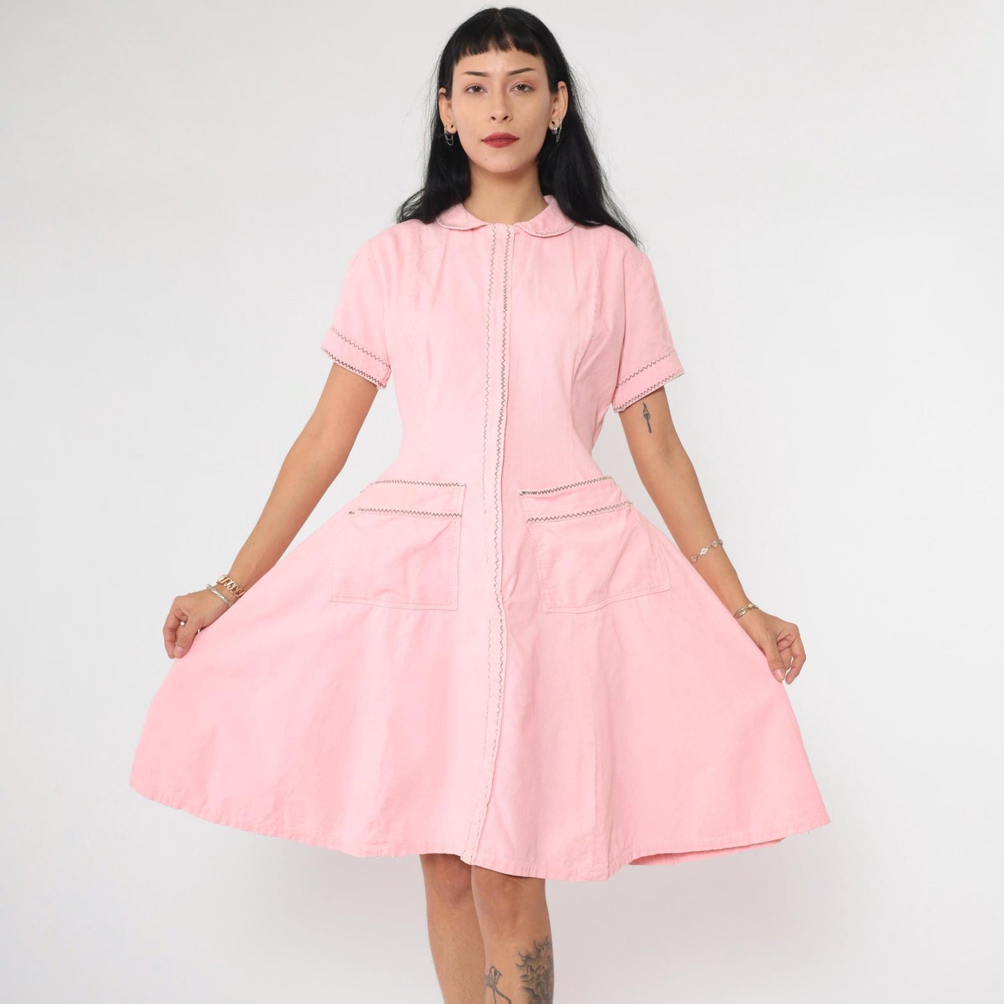 60s Pink Corduroy Mini Dress Peter Pan Collar A-Line Shift Pockets Medium