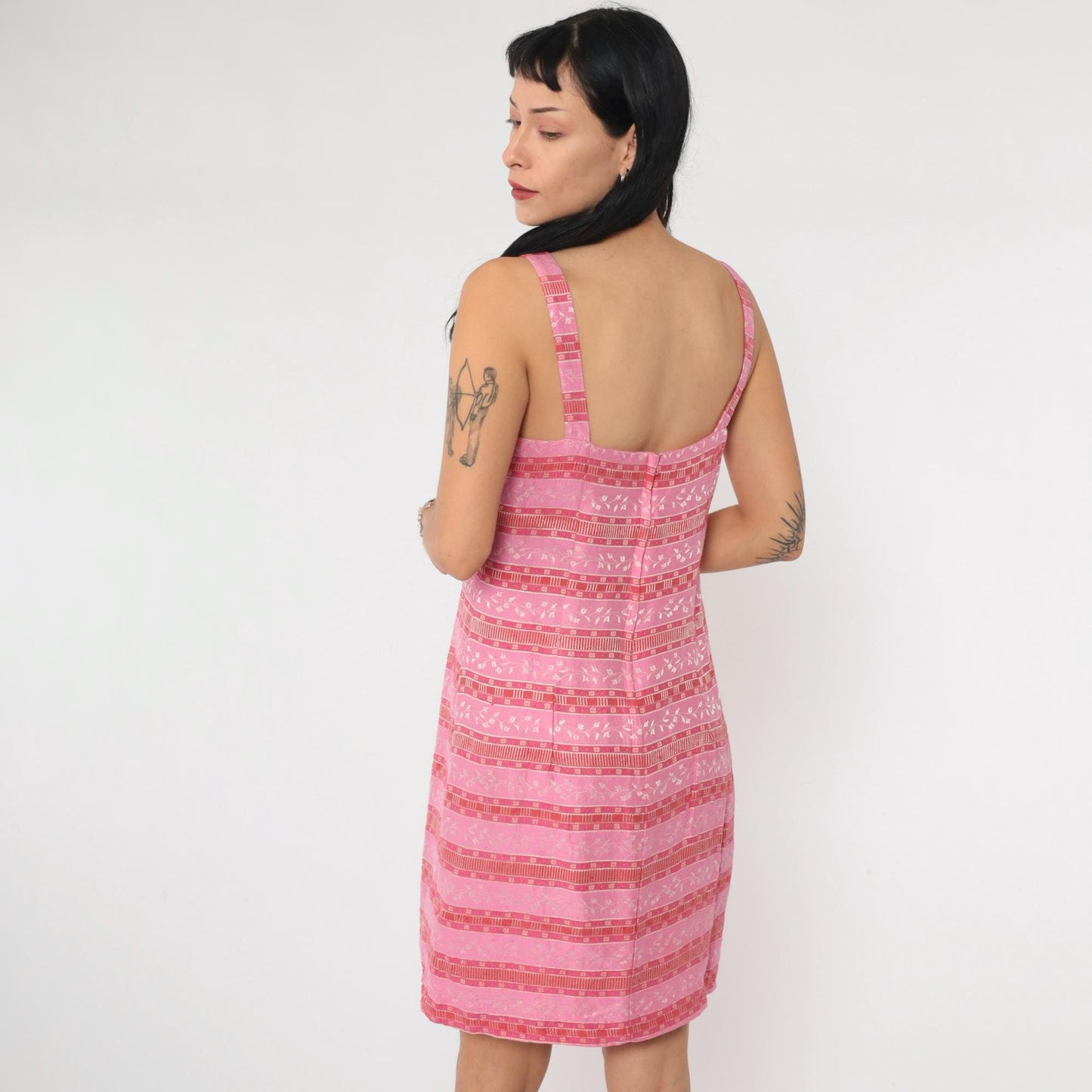 90s Pink Striped Floral Jacquard Mini Dress Square Neck Sleeveless Extra Small XS