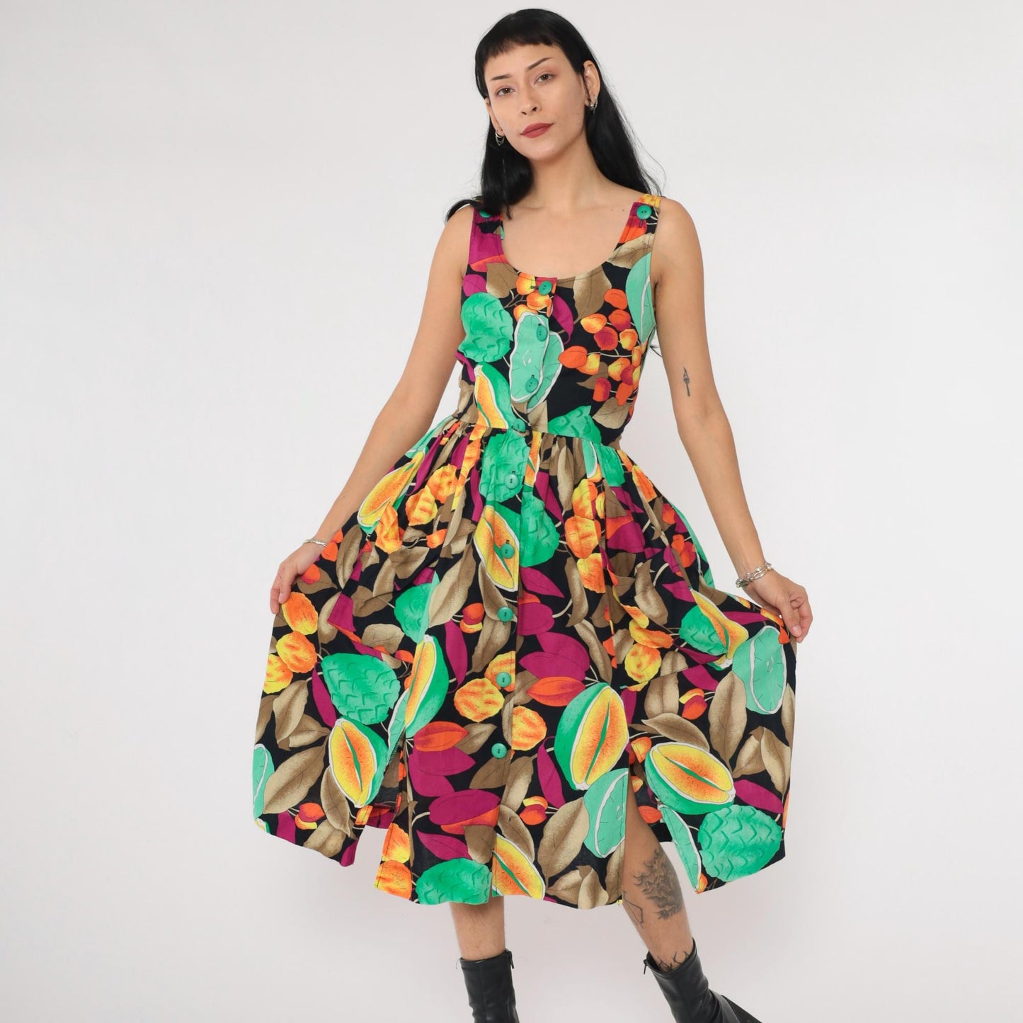 80s Alouette Tropical Fruit Midi Dress Black Button-Up Sleeveless Extra Small