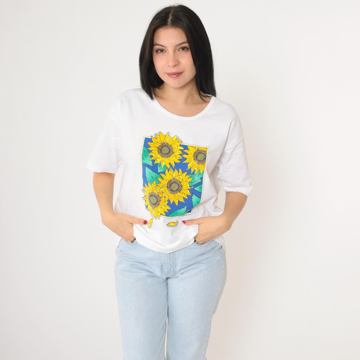 90s Anvil Sunflower Graphic T-Shirt White Cotton Large