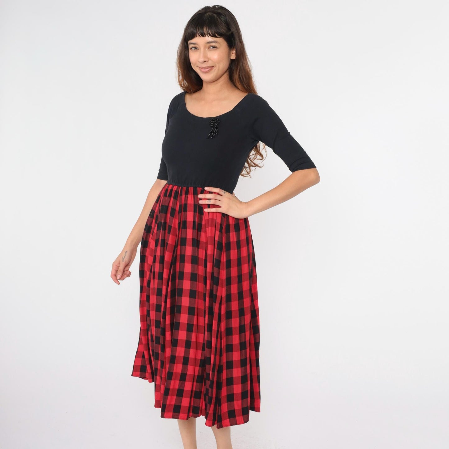 90s Buffalo Check Midi Dress Black Red High Waist Beaded Detail Medium