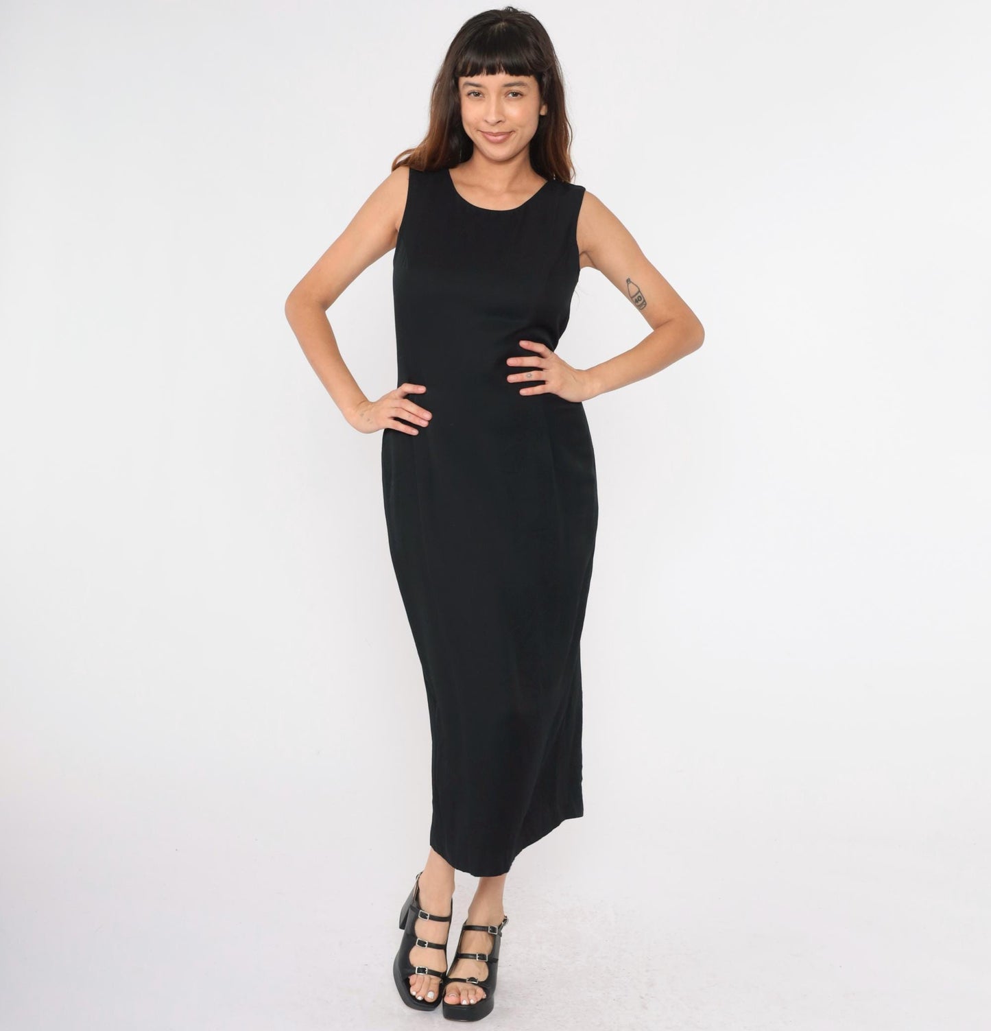 90s Black Sheath Dress White Bow Back Sleeveless Scoop Neck Maxi Medium