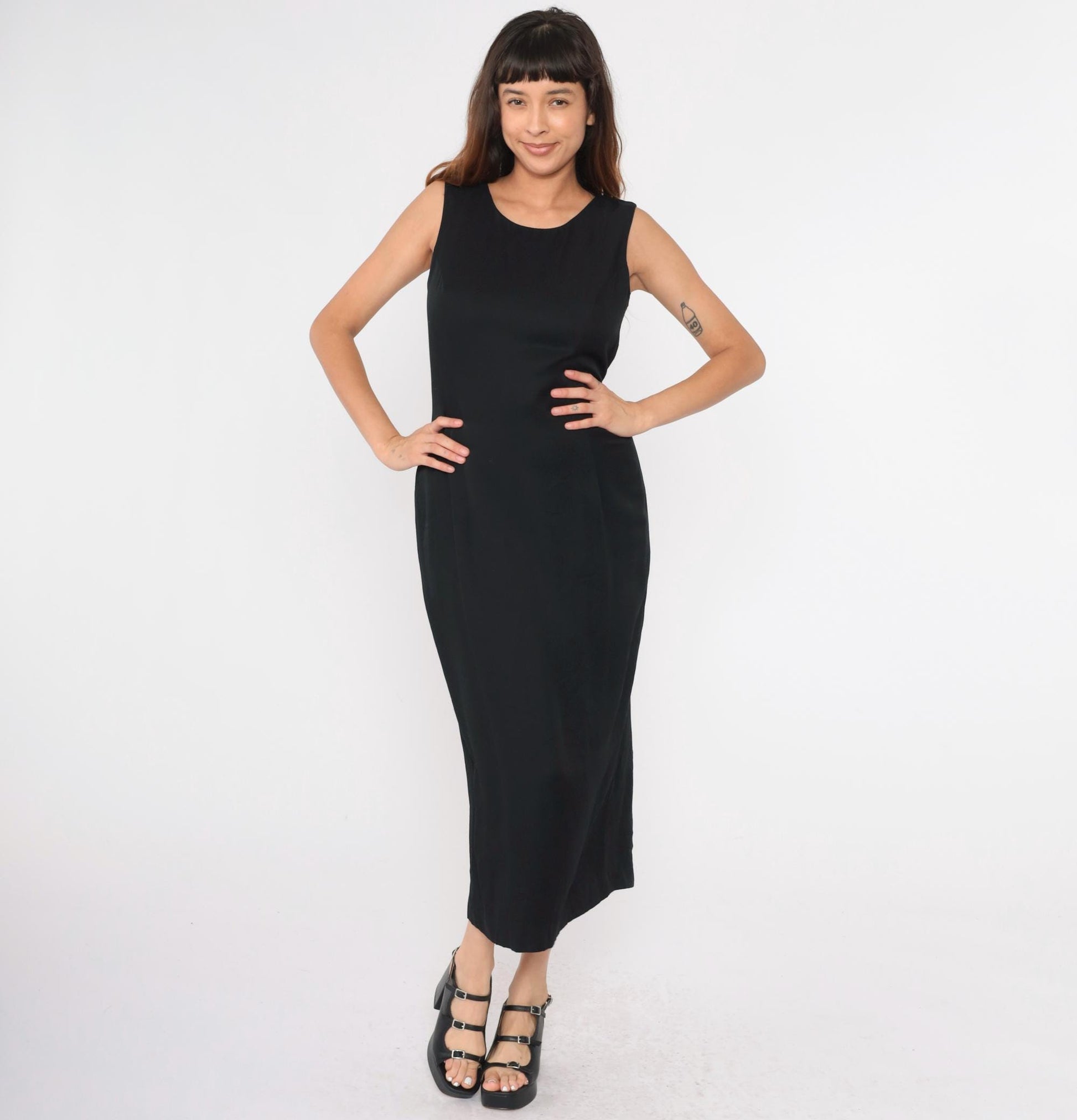 90s Black Sheath Dress White Bow Back Sleeveless Scoop Neck Maxi Medium