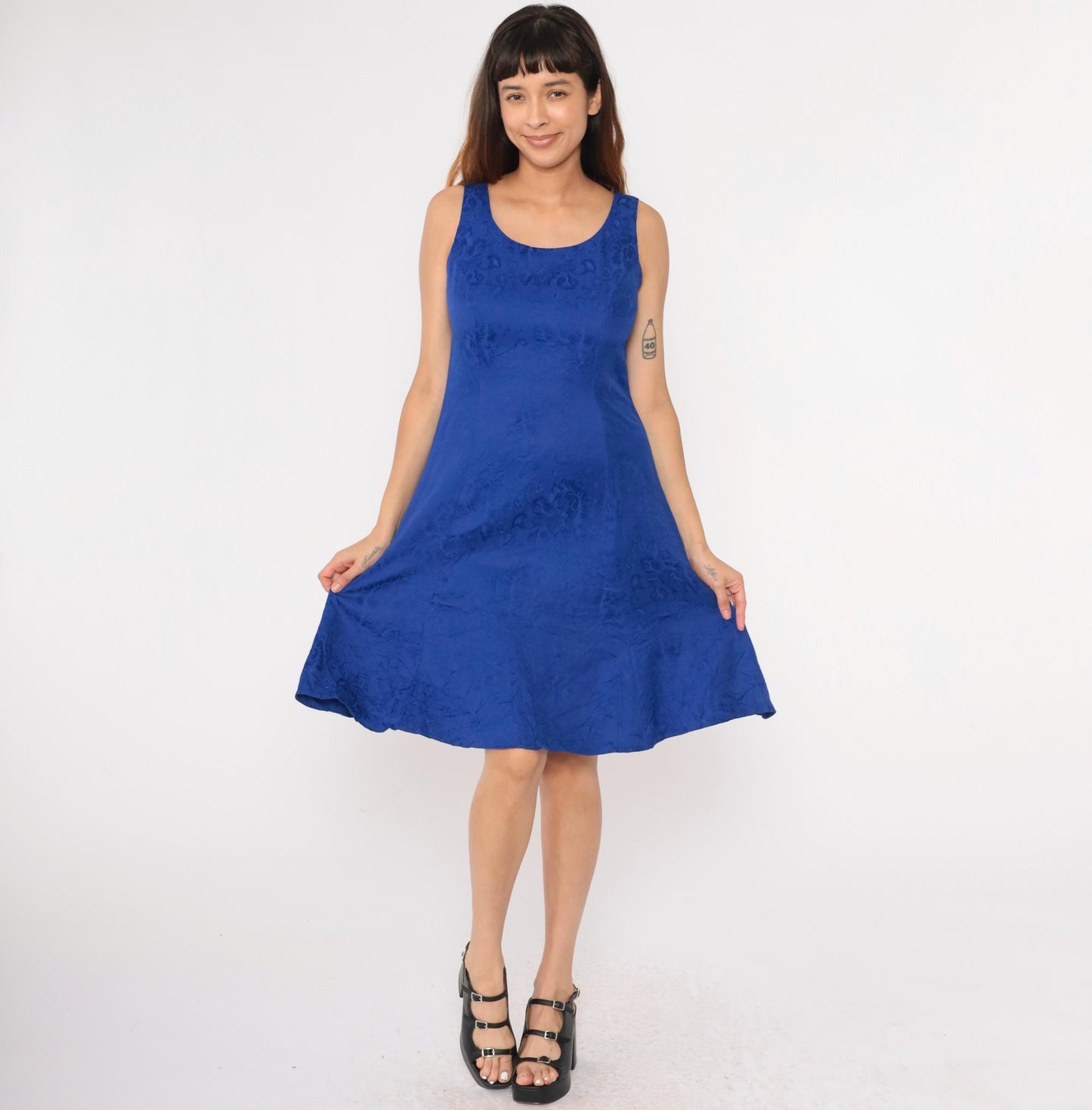 90s Karin Stevens Royal Blue Floral Jacquard Mini Dress Sleeveless Medium
