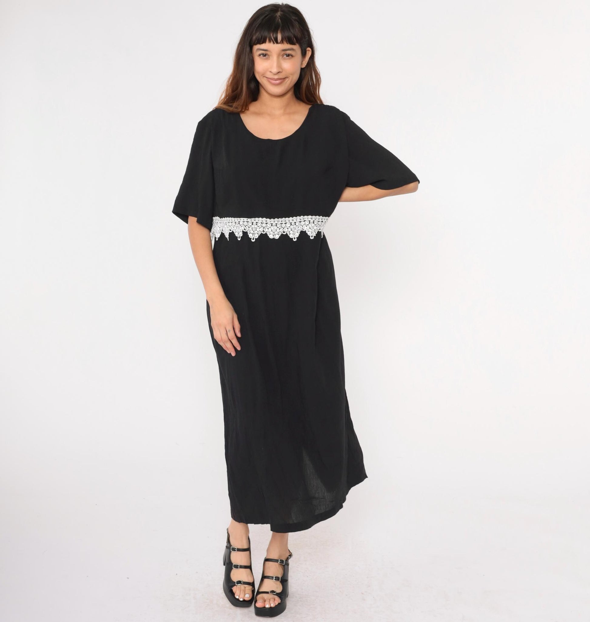 90s Black Maxi Dress White Lace Trim Short Sleeve Scoop Neck Plus Size 20W