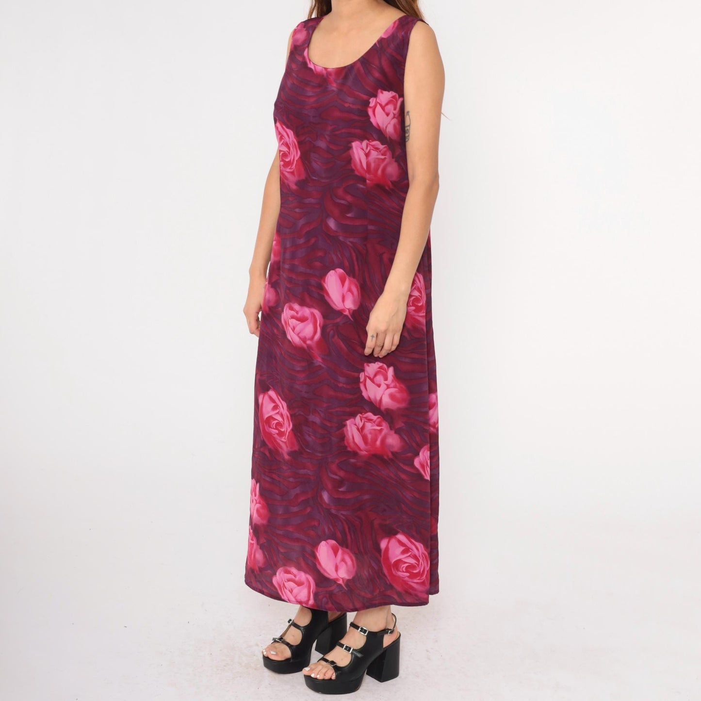 90s Floral Maxi Dress Pink Purple Rose Print Sleeveless Scoop Neck Medium Large