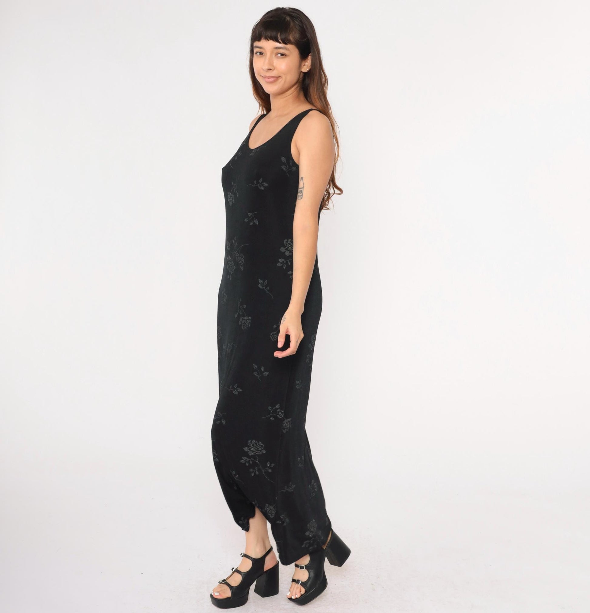 90s John Paul Richard Black Floral Glitter Maxi Dress Sleeveless Large L
