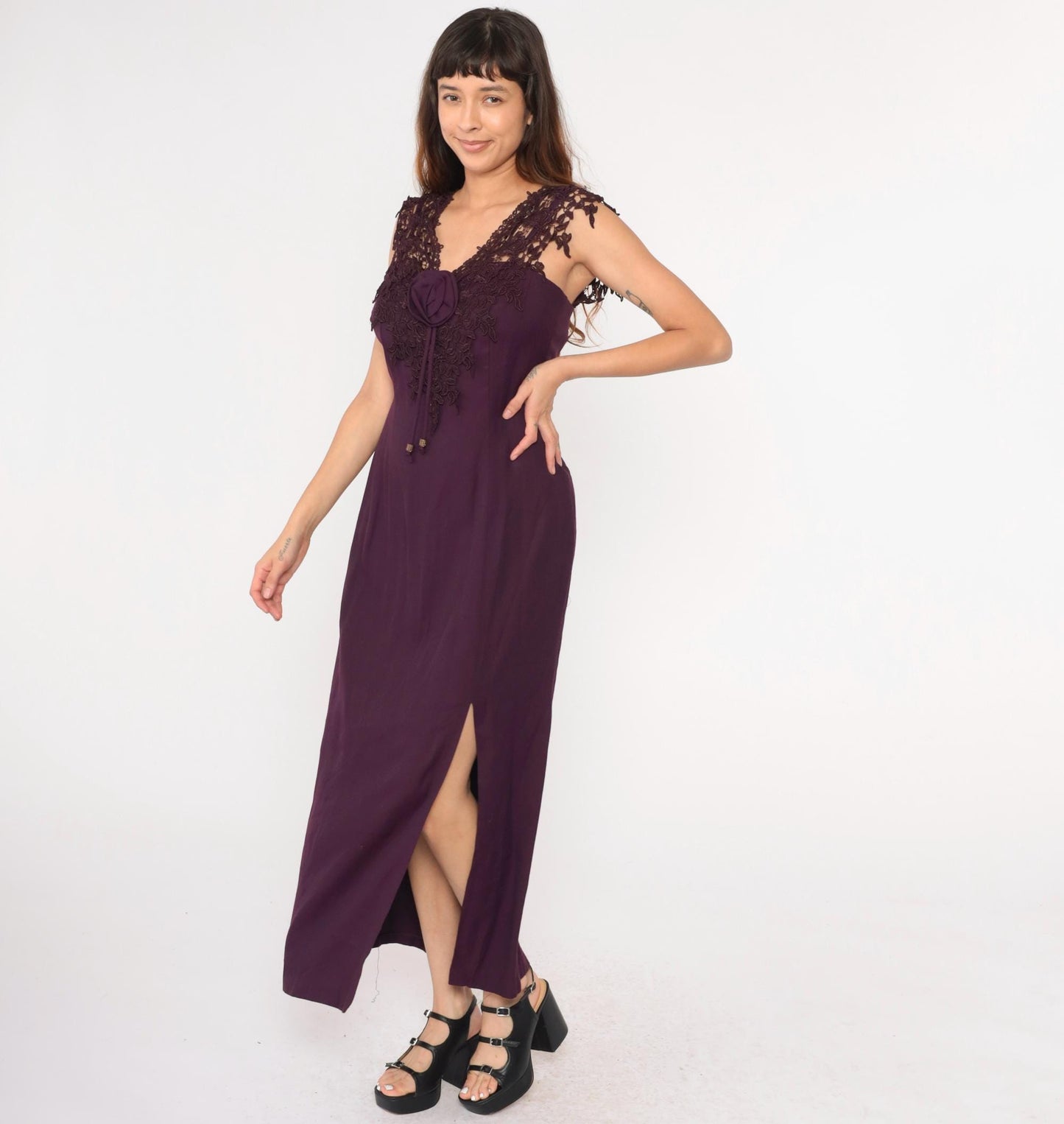 90s Purple Maxi Dress Lace Trim Rosette Sweetheart Spaghetti Strap Slit Medium