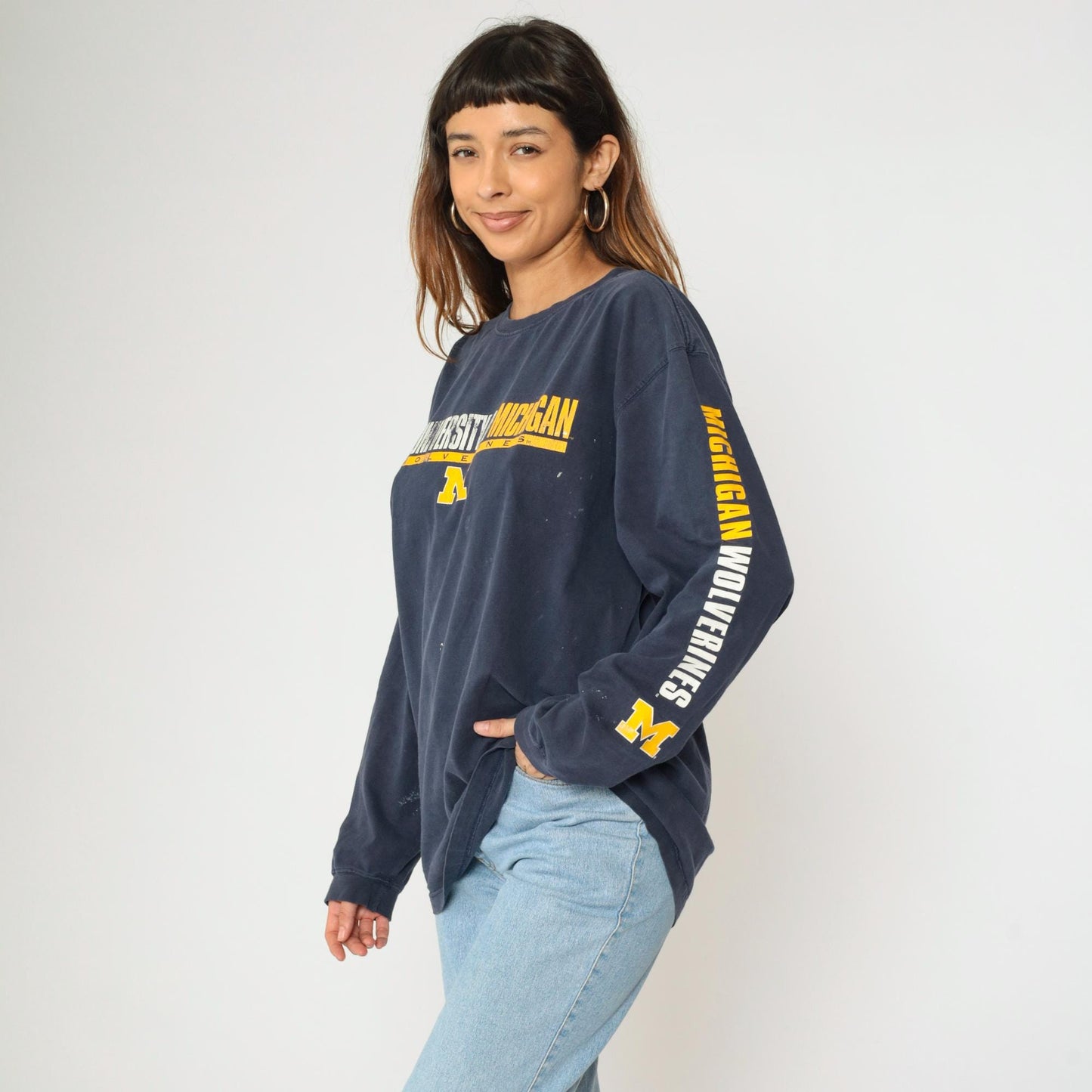 Y2K Michigan Wolverines Graphic Long Sleeve Tee Navy Paint Splatter Large