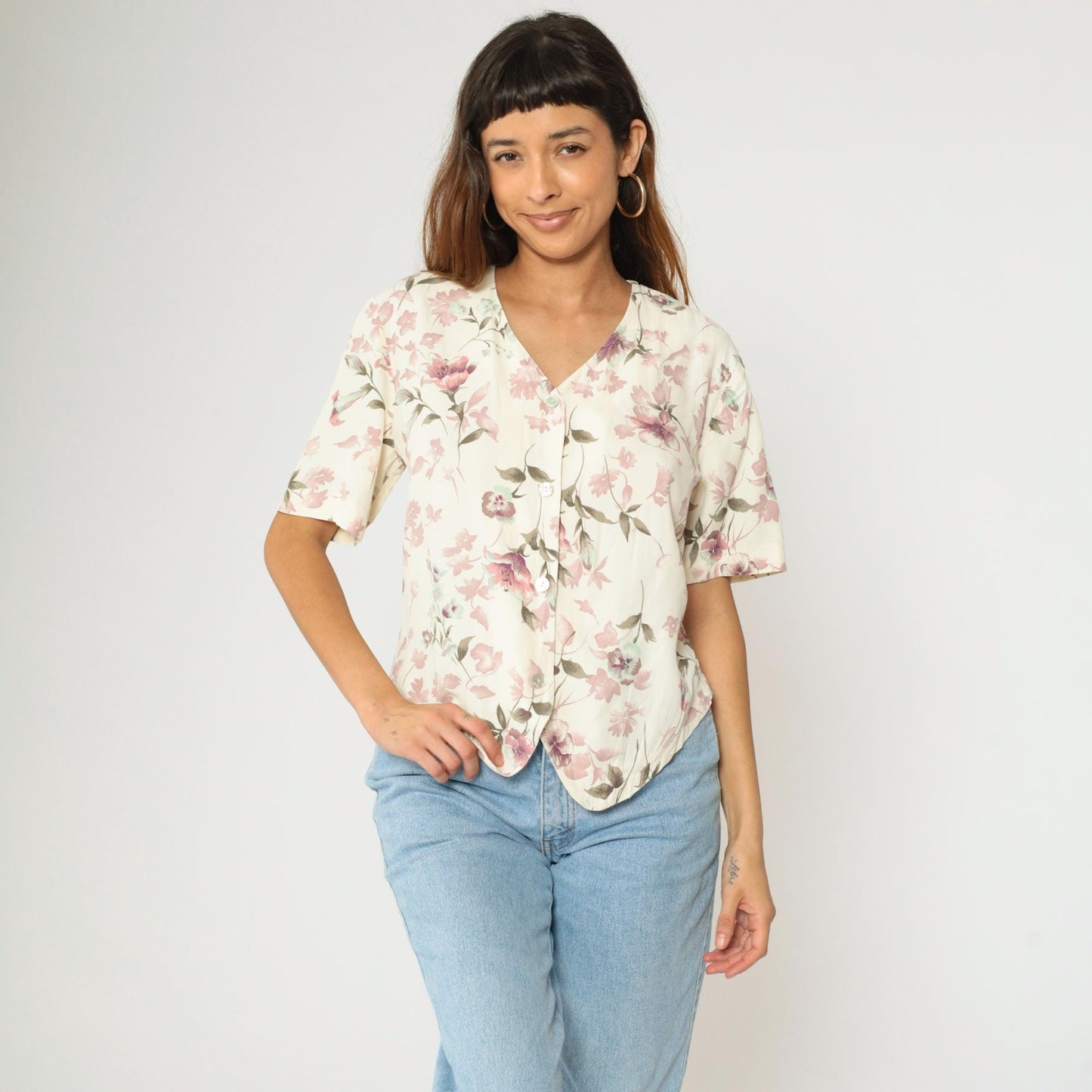 90s Lee David Floral Button Up Blouse Off-White Mauve Pink V-Neck Medium M
