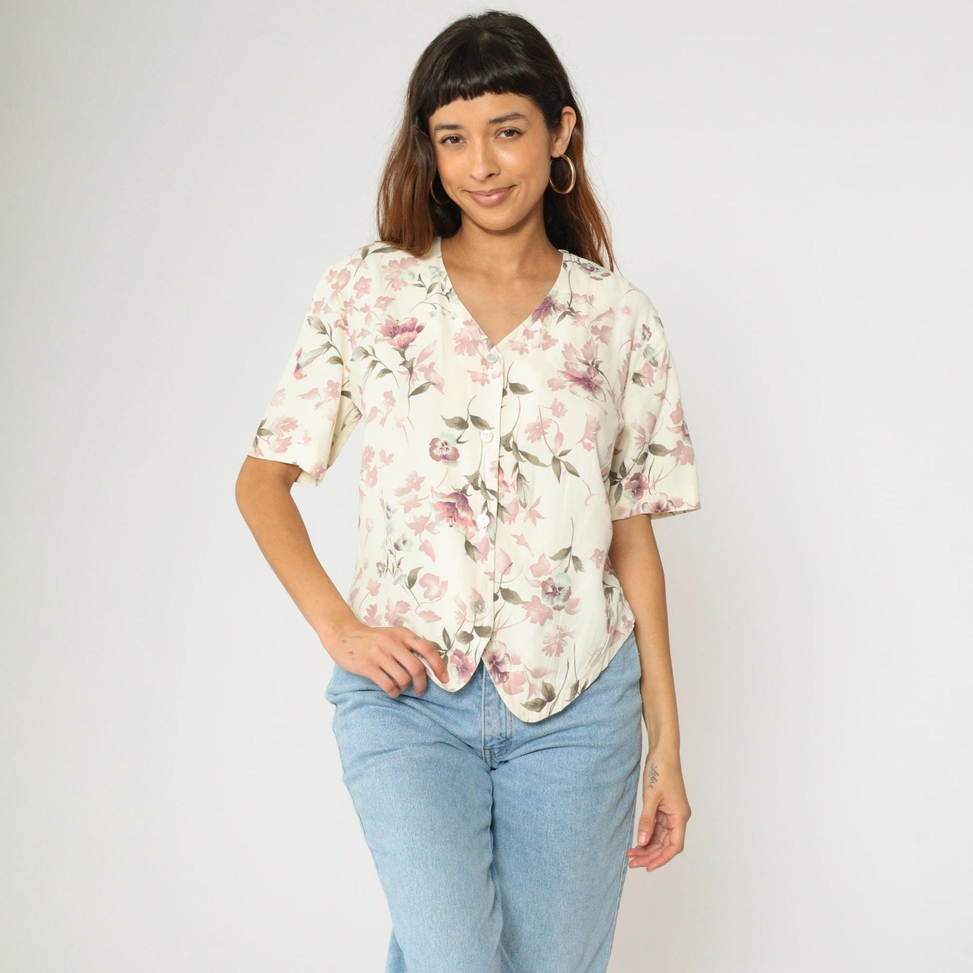 90s Lee David Floral Button Up Blouse Off-White Mauve Pink V-Neck Medium M