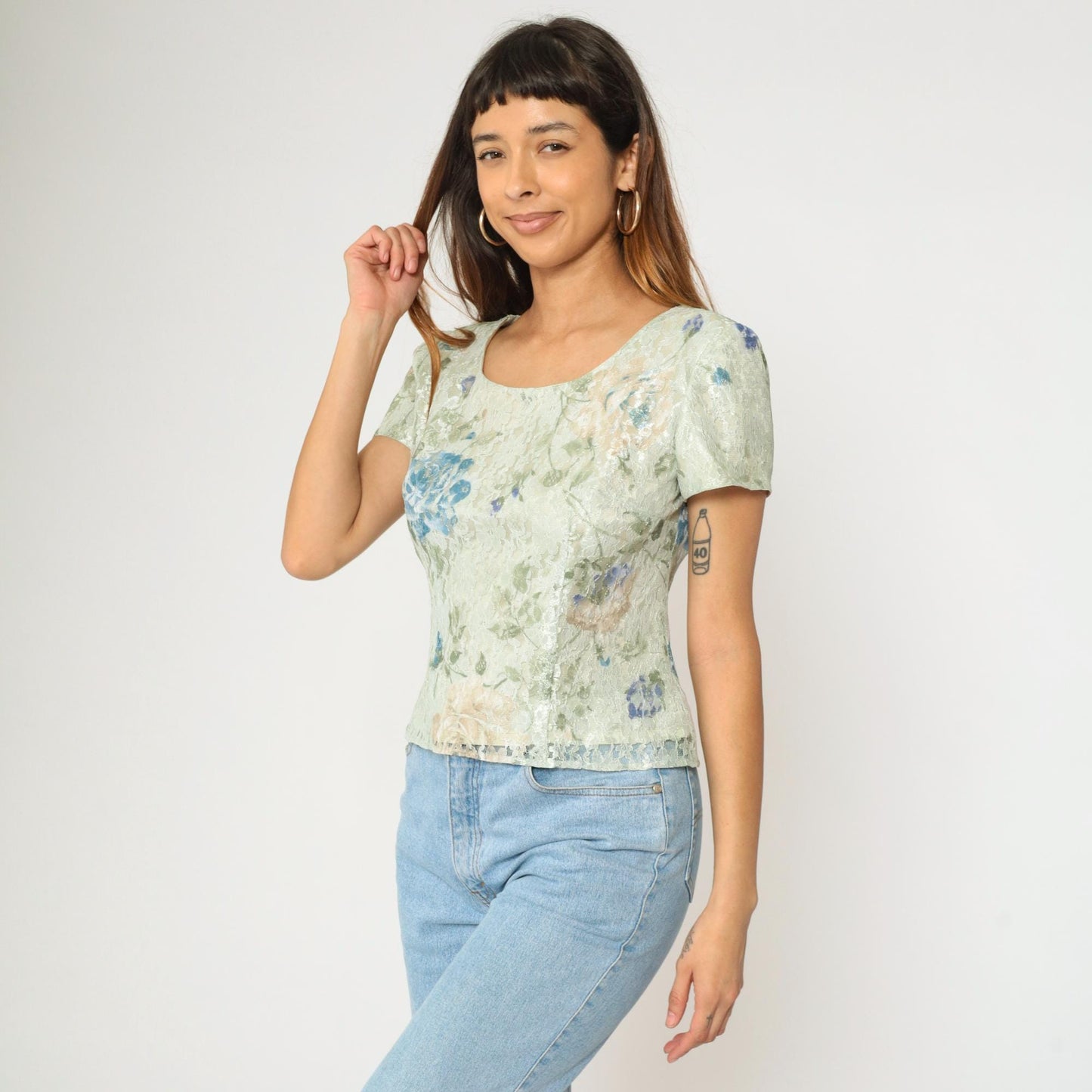 90s Green Floral Lace Blouse Short Sleeve Scoop Neck Button Back Small