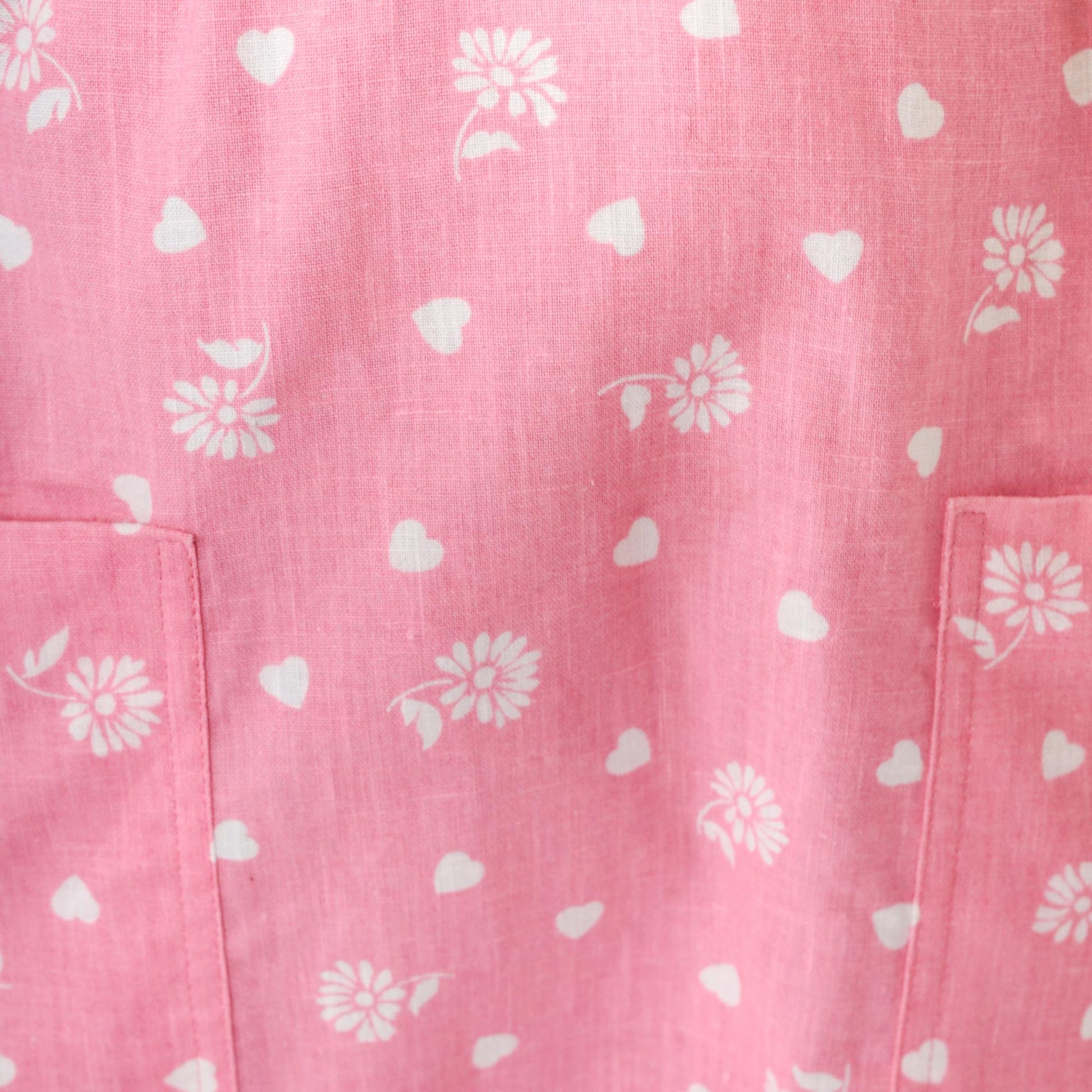 80s Pink Floral Heart Print Shirtdress Button-Up Knee-Length Small