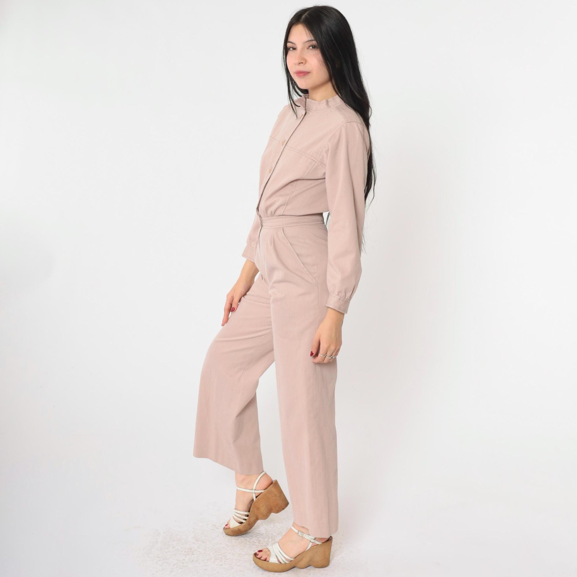 80s Warm Taupe Utility Jumpsuit Wide Leg Pleated Button Front Extra Small