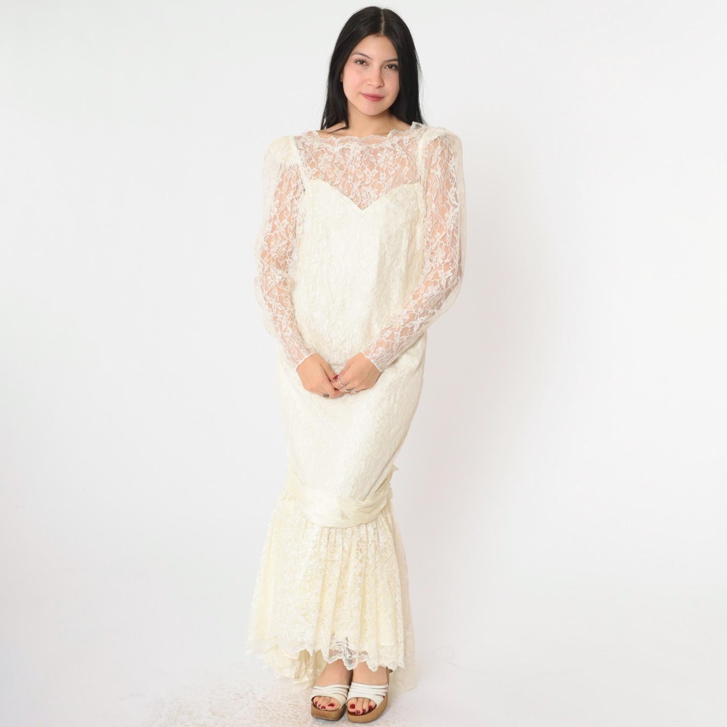 80s Off-White Lace Wedding Dress Maxi Gown Puff Sleeve Sweetheart Neckline Small S