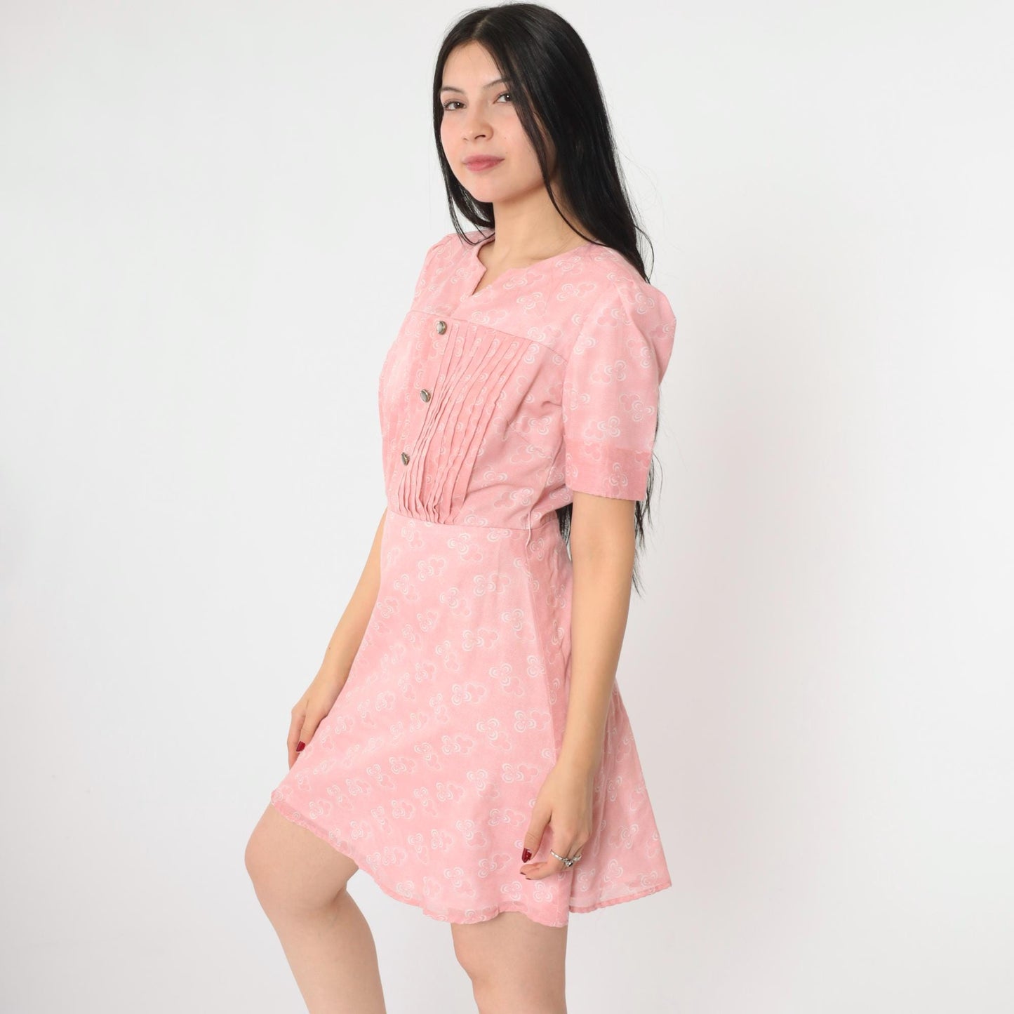 70s Pink Floral Mini Dress Puff Sleeve High Waist Pleated Small