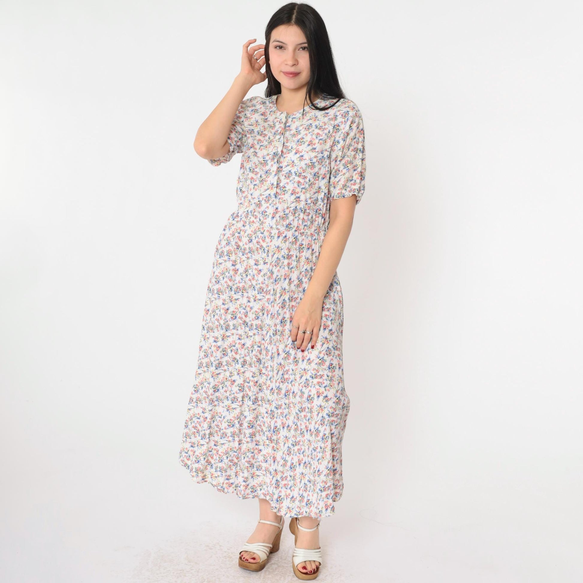 90s White Floral Print Button-Up Shirtdress Maxi Ankle Length Small