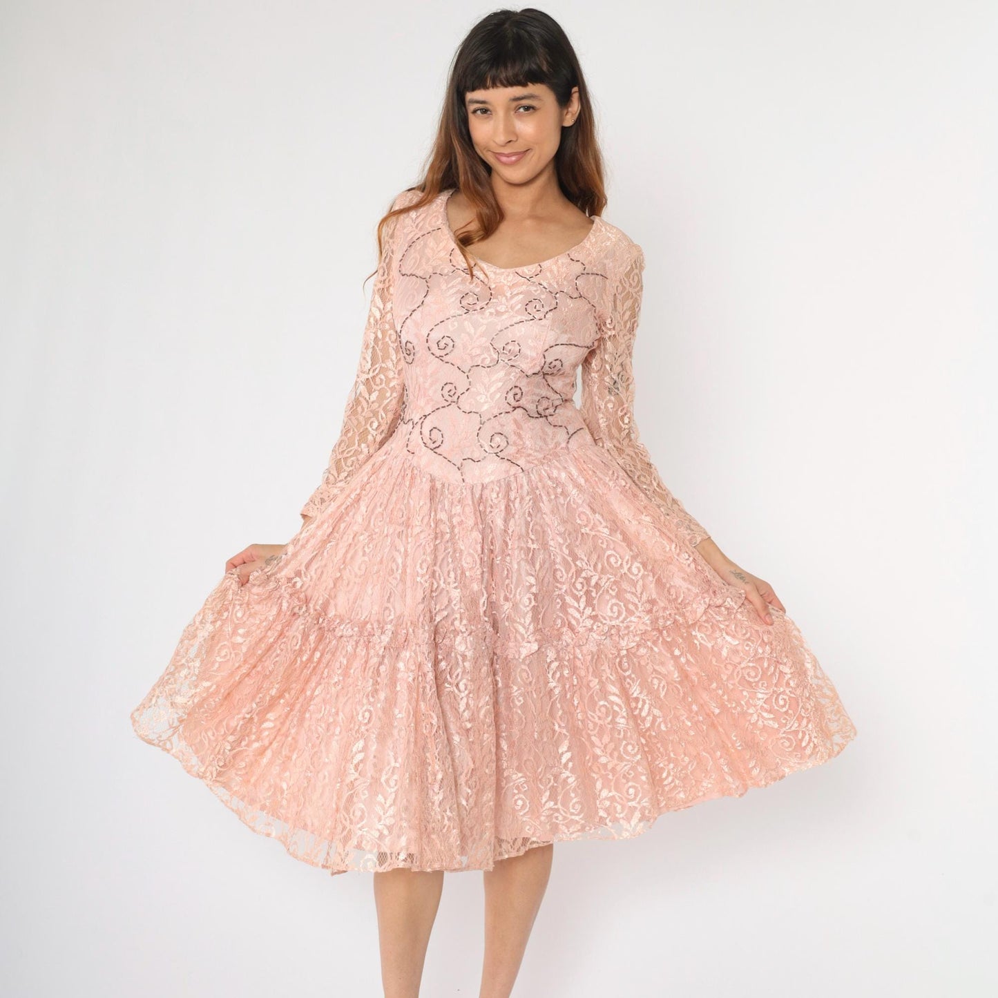 1960s Pink Lace Midi Dress Beaded Floral Scoop Neck Drop Waist Medium