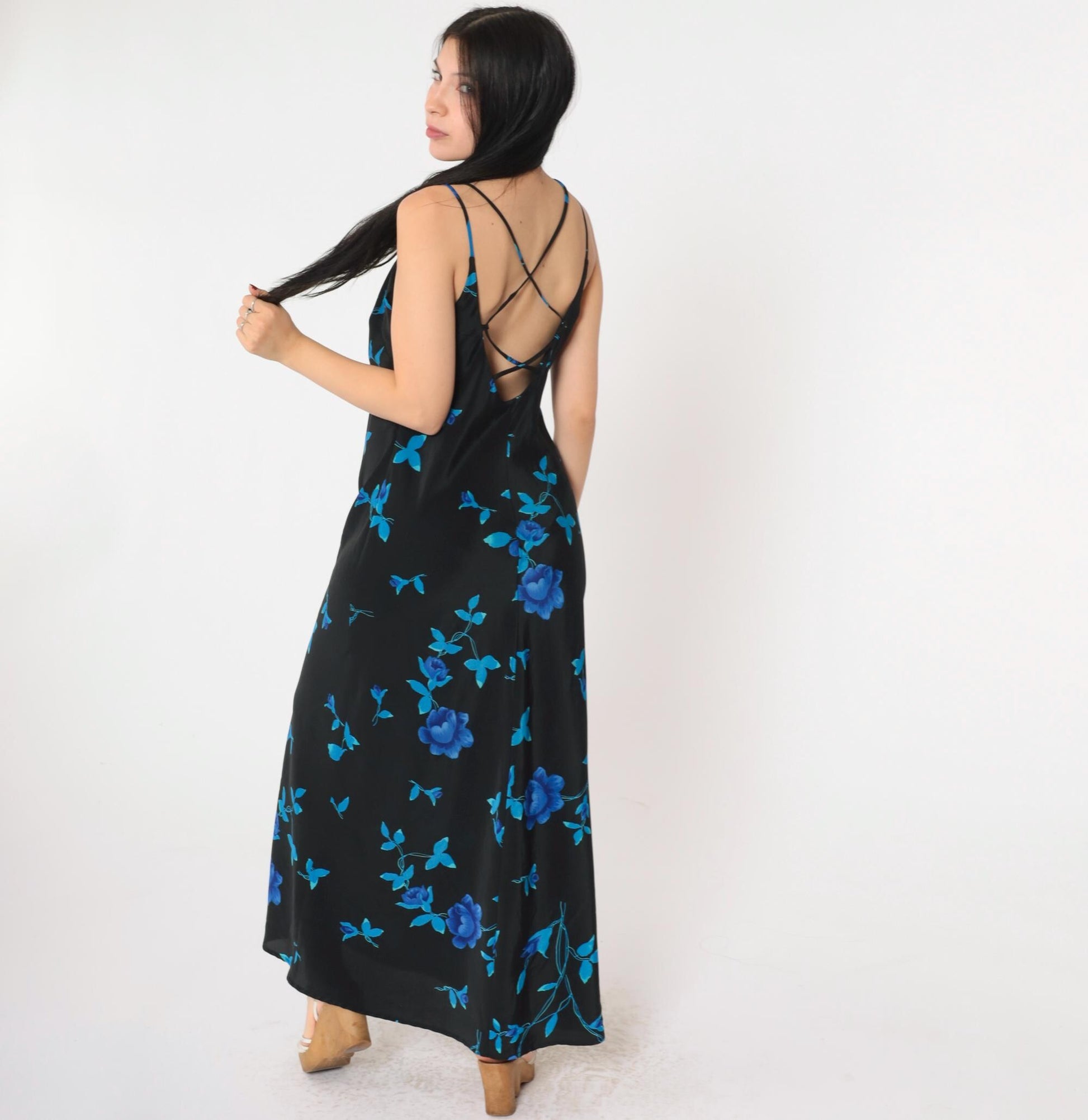 90s Jodi Michaels Floral Maxi Dress Black Spaghetti Strap Criss-Cross Medium