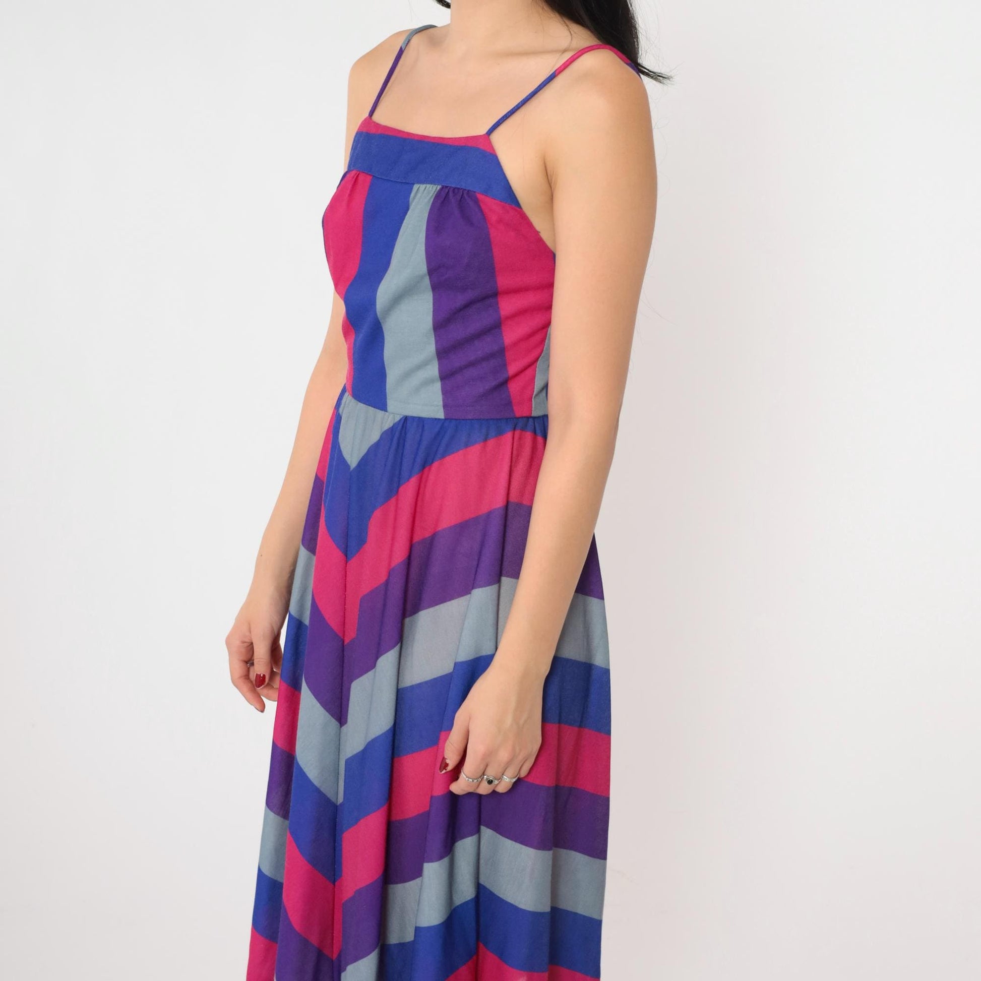 80s Chevron Striped Midi Sundress Open Back Spaghetti Strap Blue Pink Purple Small