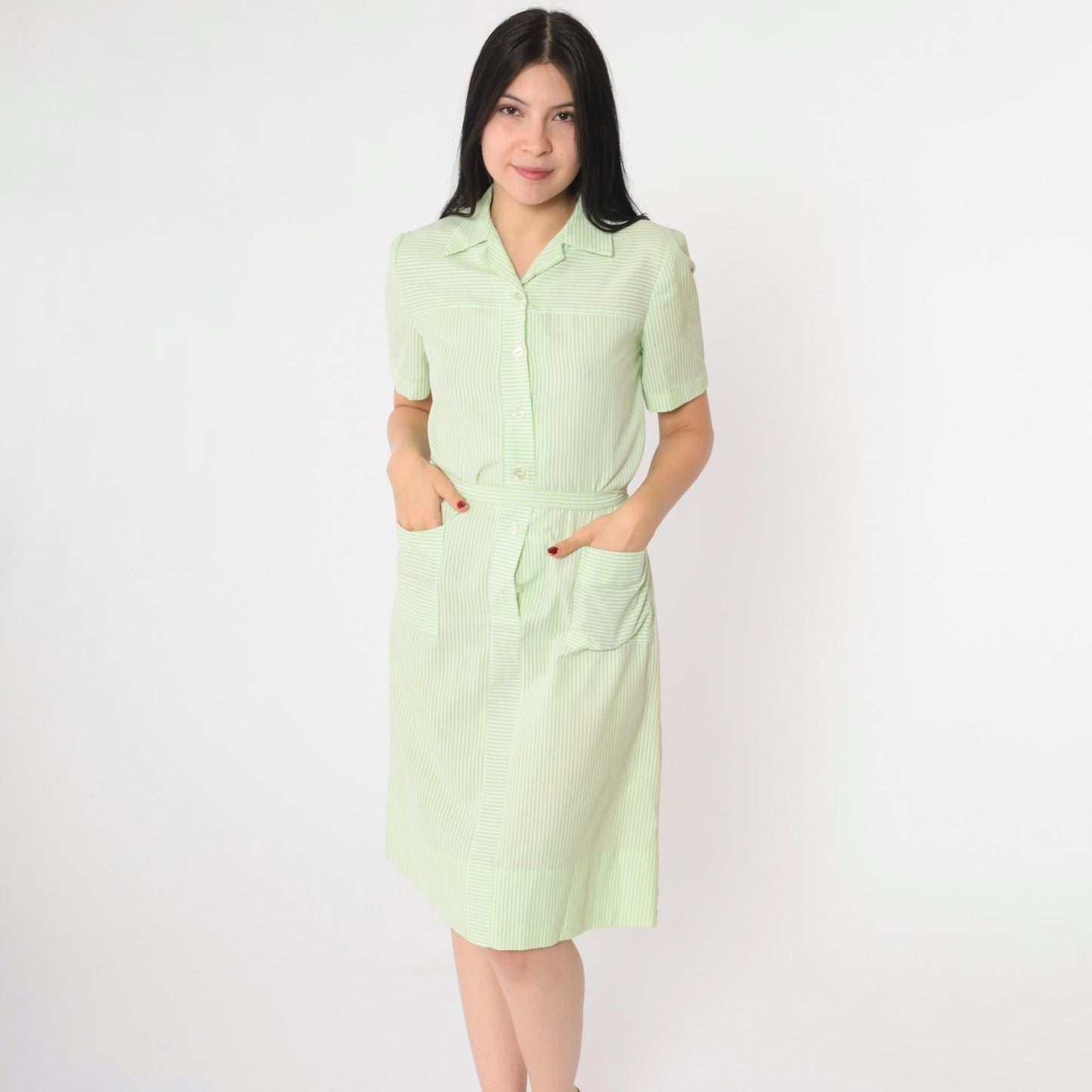 60s Nancy Frock Pastel Green Striped Button-Up Shift Dress Knee-Length Small