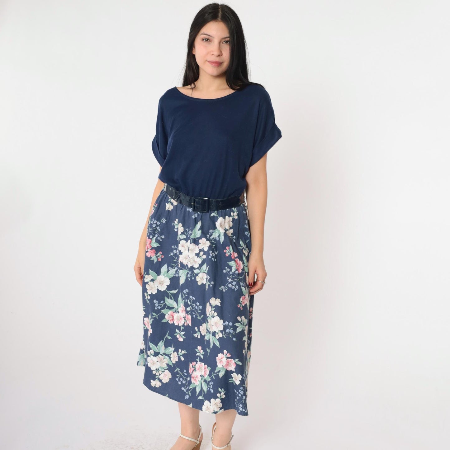 80s Navy Floral Midi Dress High Waist Belted Blouson Short Sleeve Small Medium