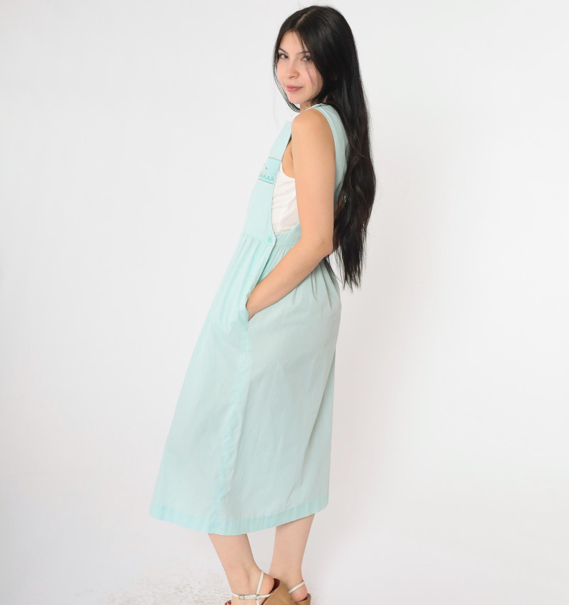 80s Seafoam Embroidered Bumble Bee Floral Midi Pinafore Dress Small