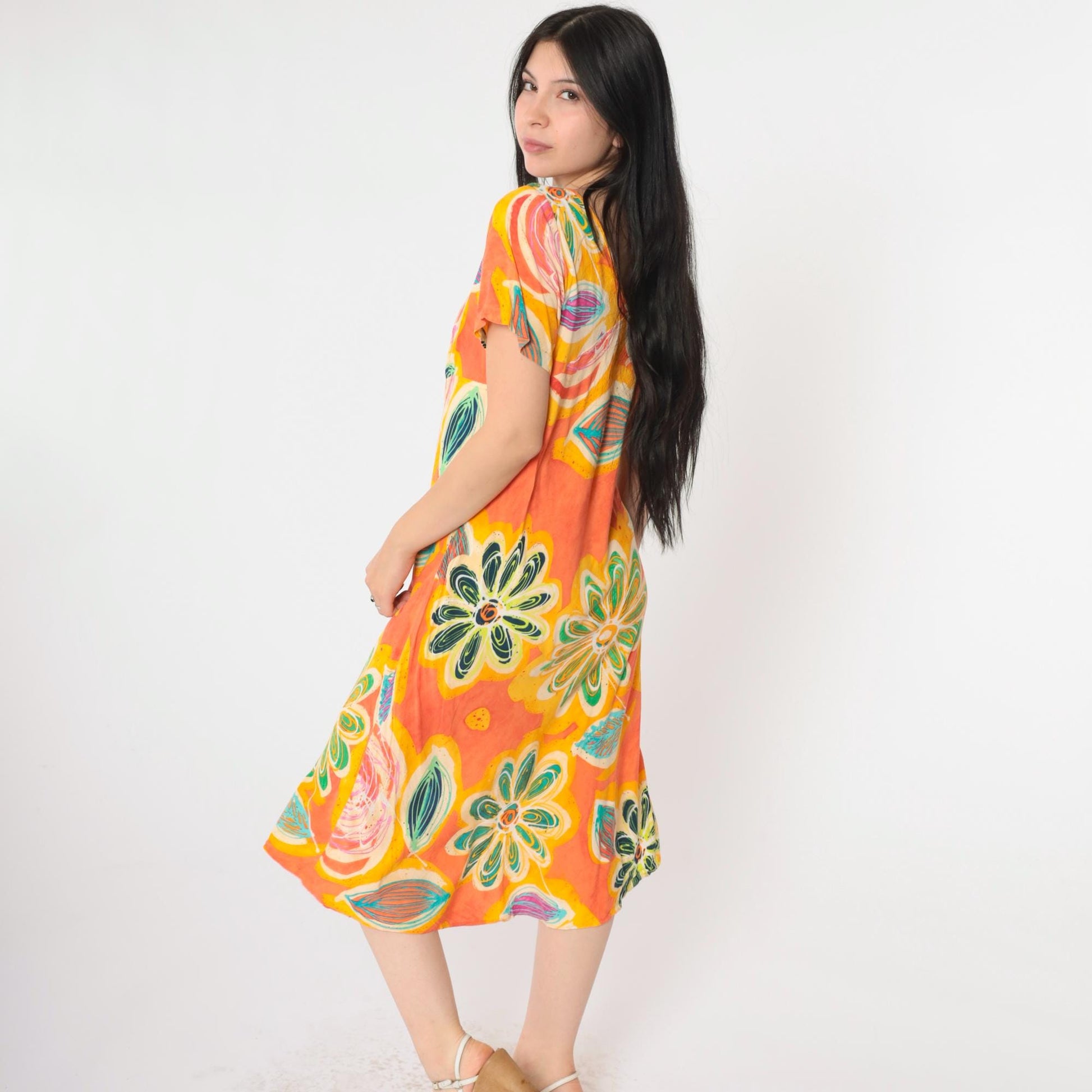 00s Jams World Tropical Floral Midi Dress Abstract Print Silk Orange Large L