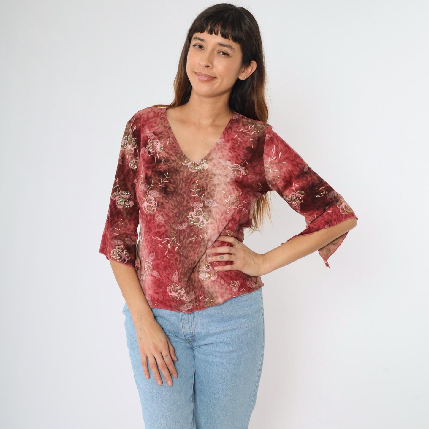 Y2K Bell Sleeve Blouse Floral Metallic Leopard Print Pink Brown Medium M