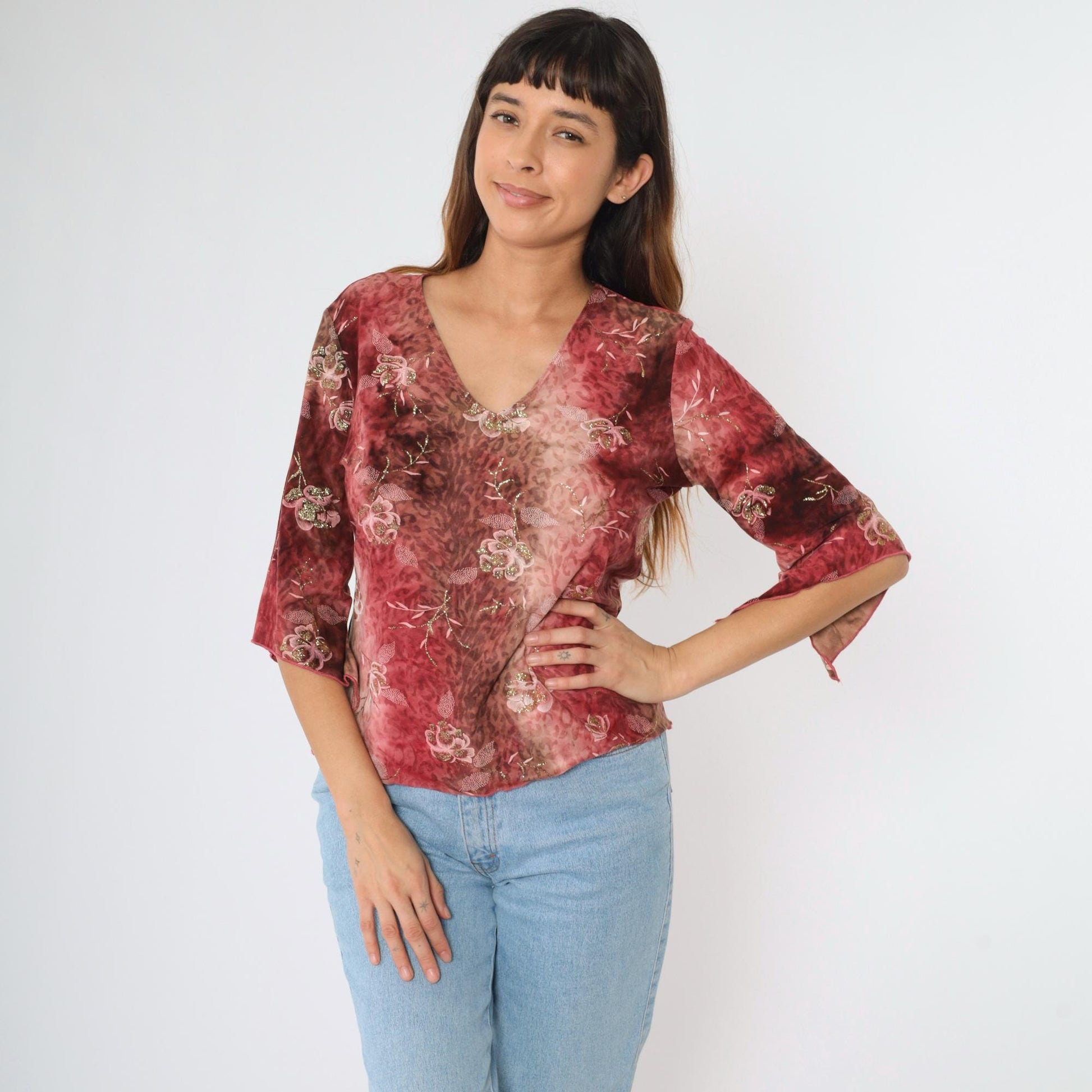 Y2K Bell Sleeve Blouse Floral Metallic Leopard Print Pink Brown Medium M