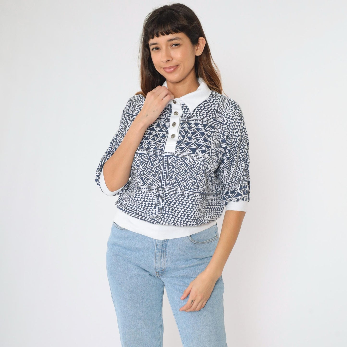 90s Drapers & Damons Geometric Patchwork Polo Shirt Navy White Dolman Medium